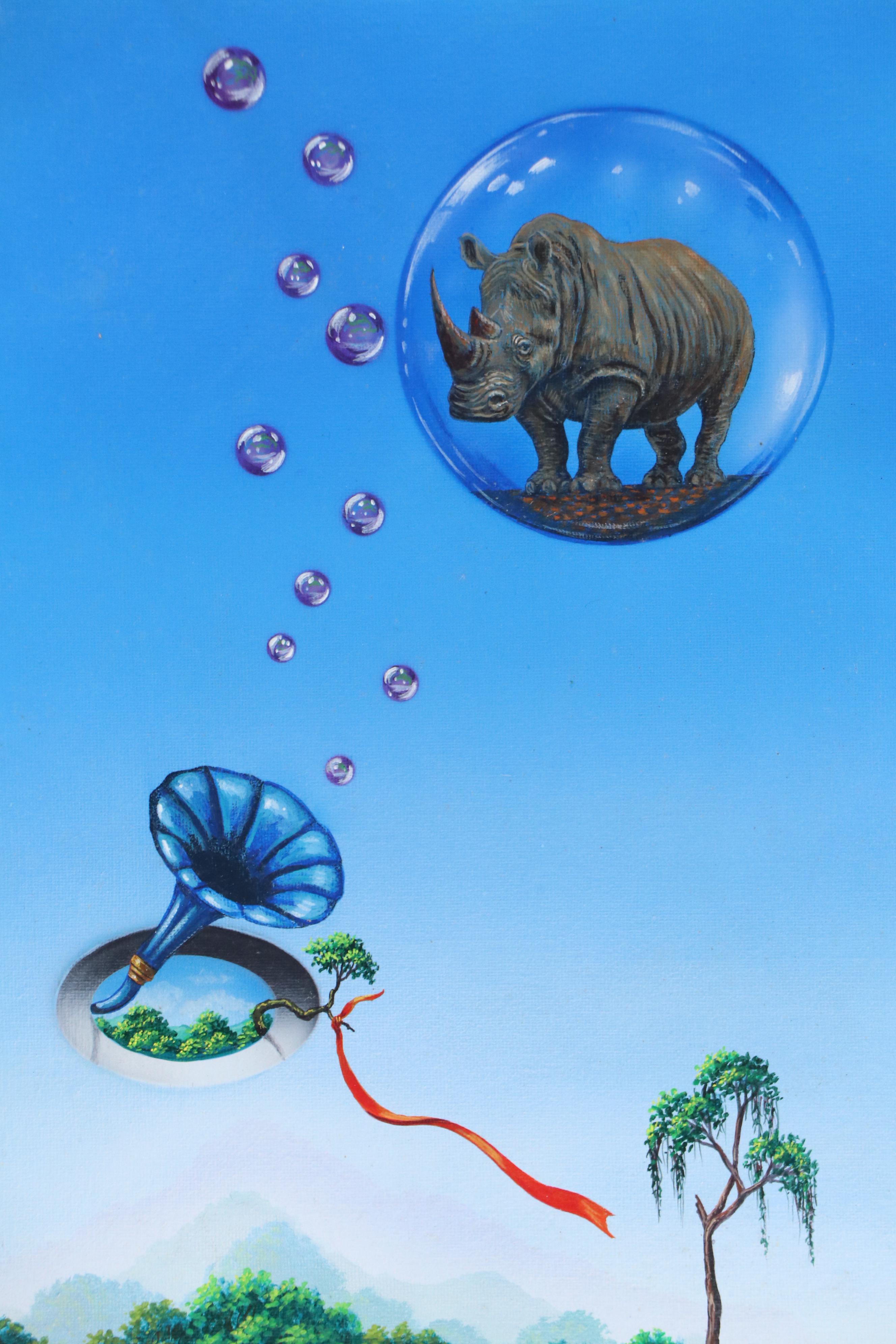Ricardo Maya Surrealist Acrylic Painting with Rhinoceros, 21st Century