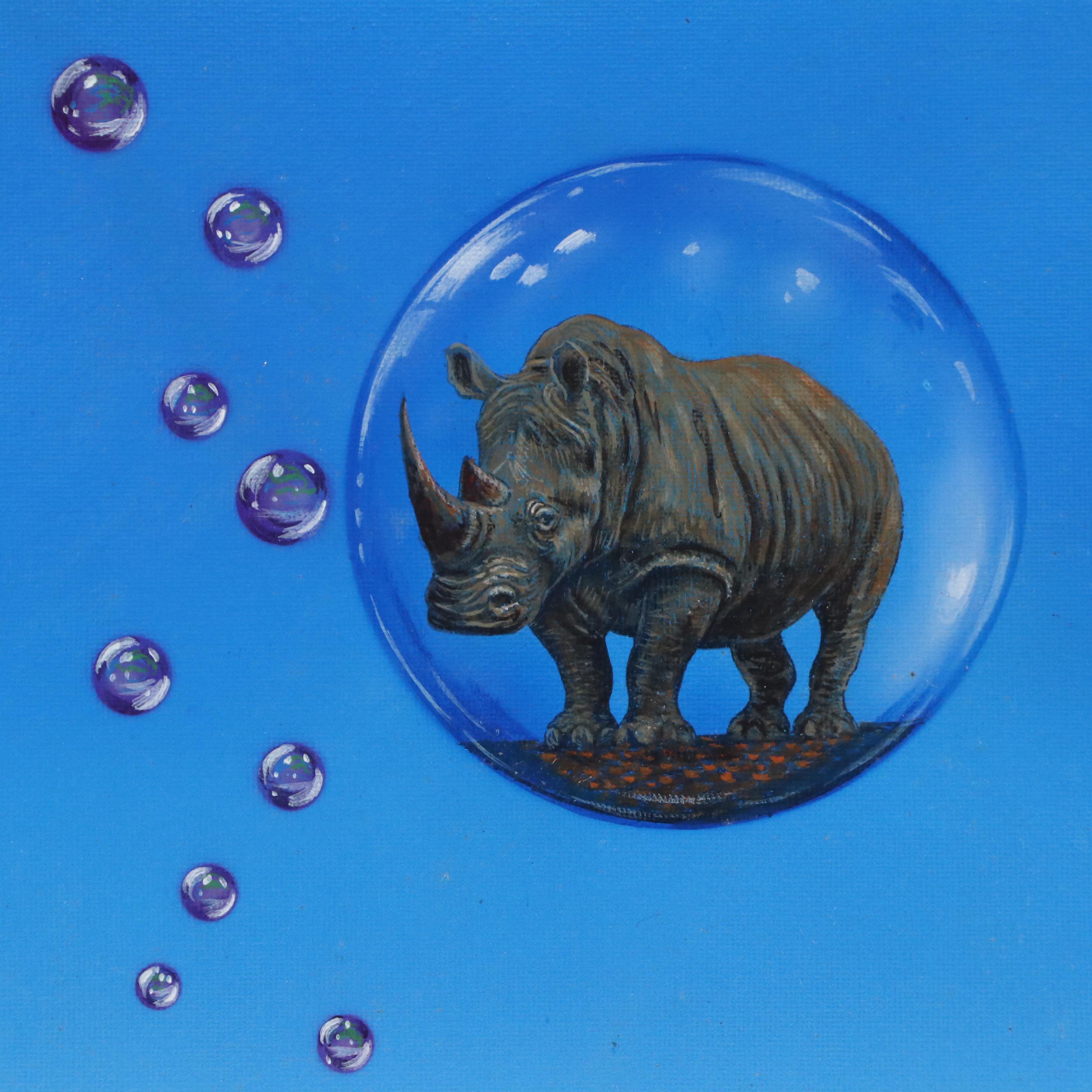 Ricardo Maya Surrealist Acrylic Painting with Rhinoceros, 21st Century