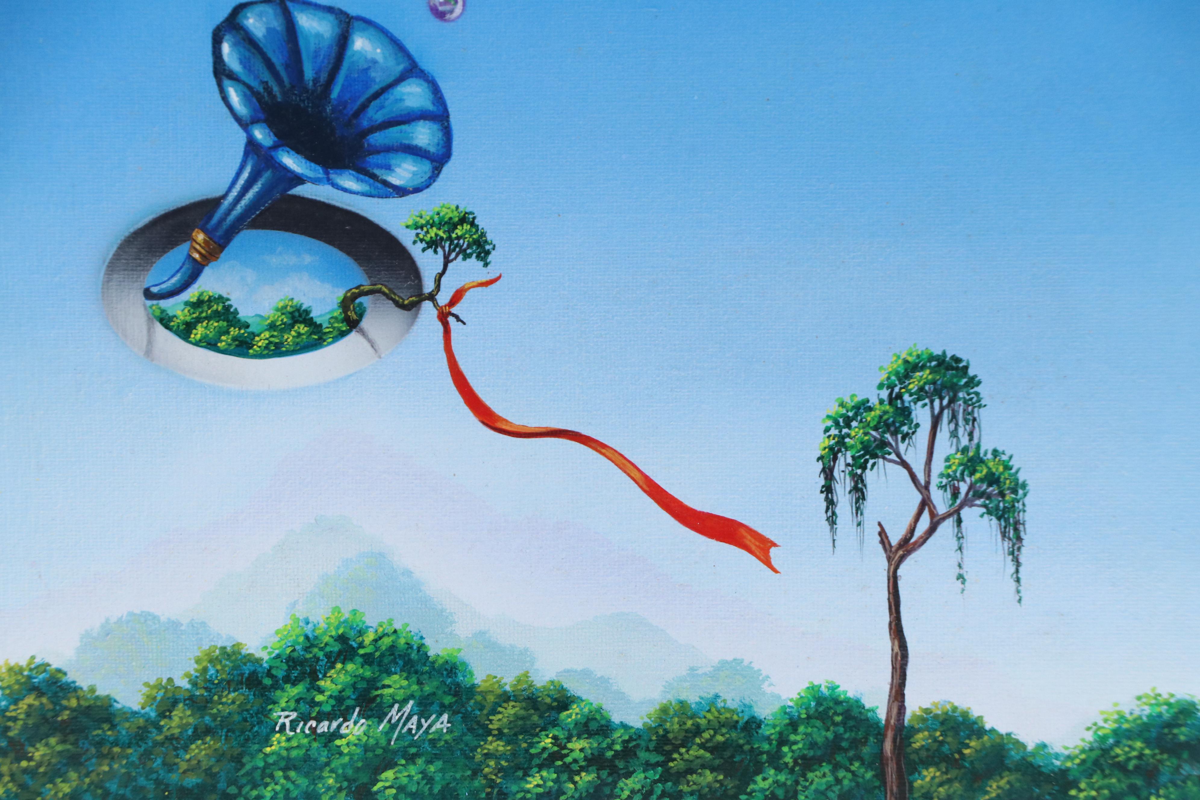 Ricardo Maya Surrealist Acrylic Painting with Rhinoceros, 21st Century