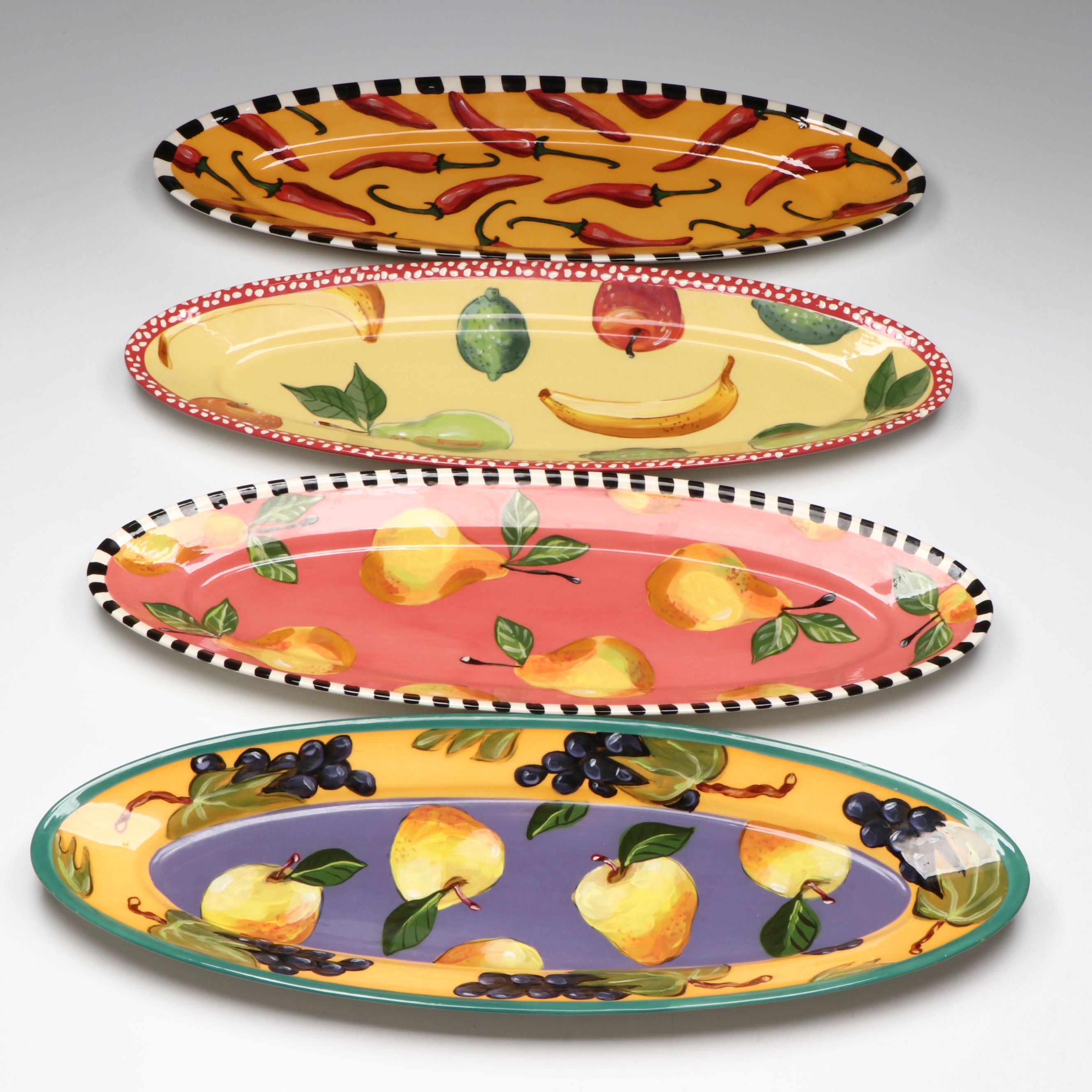 Droll Designs Hand-Painted Vegetable and Fruit Motif Oval Serving Platters