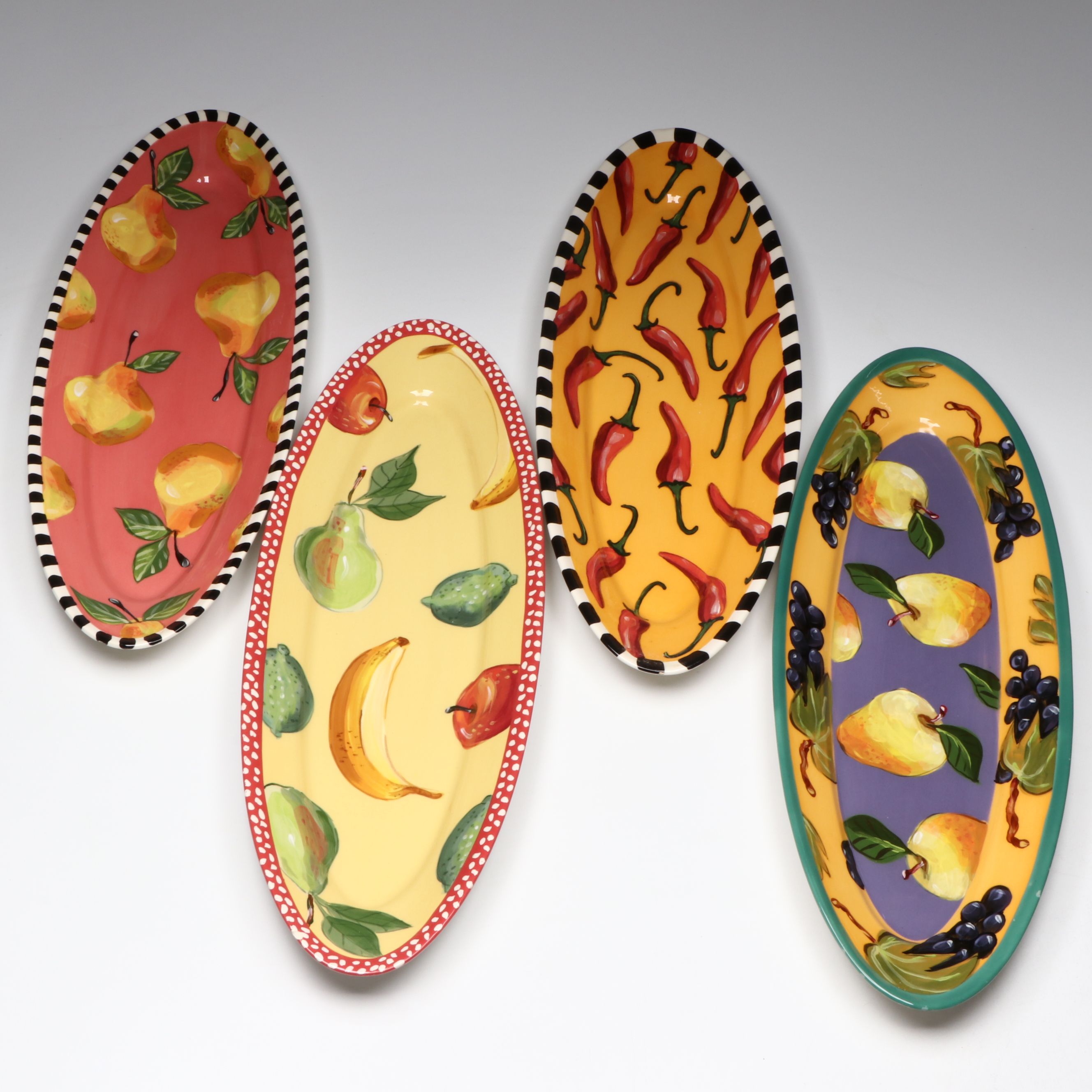 Droll Designs Hand-Painted Vegetable and Fruit Motif Oval Serving Platters