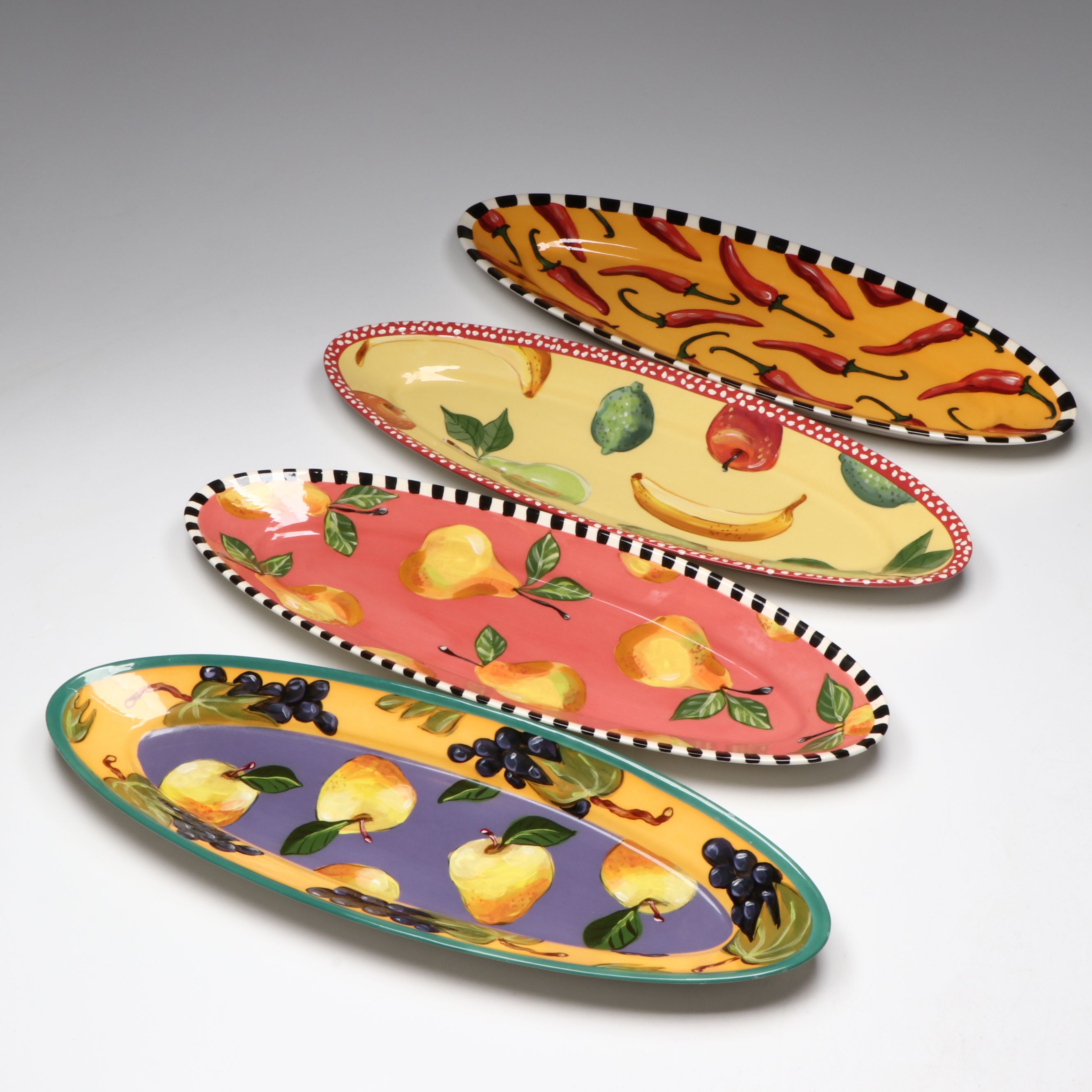Droll Designs Hand-Painted Vegetable and Fruit Motif Oval Serving Platters