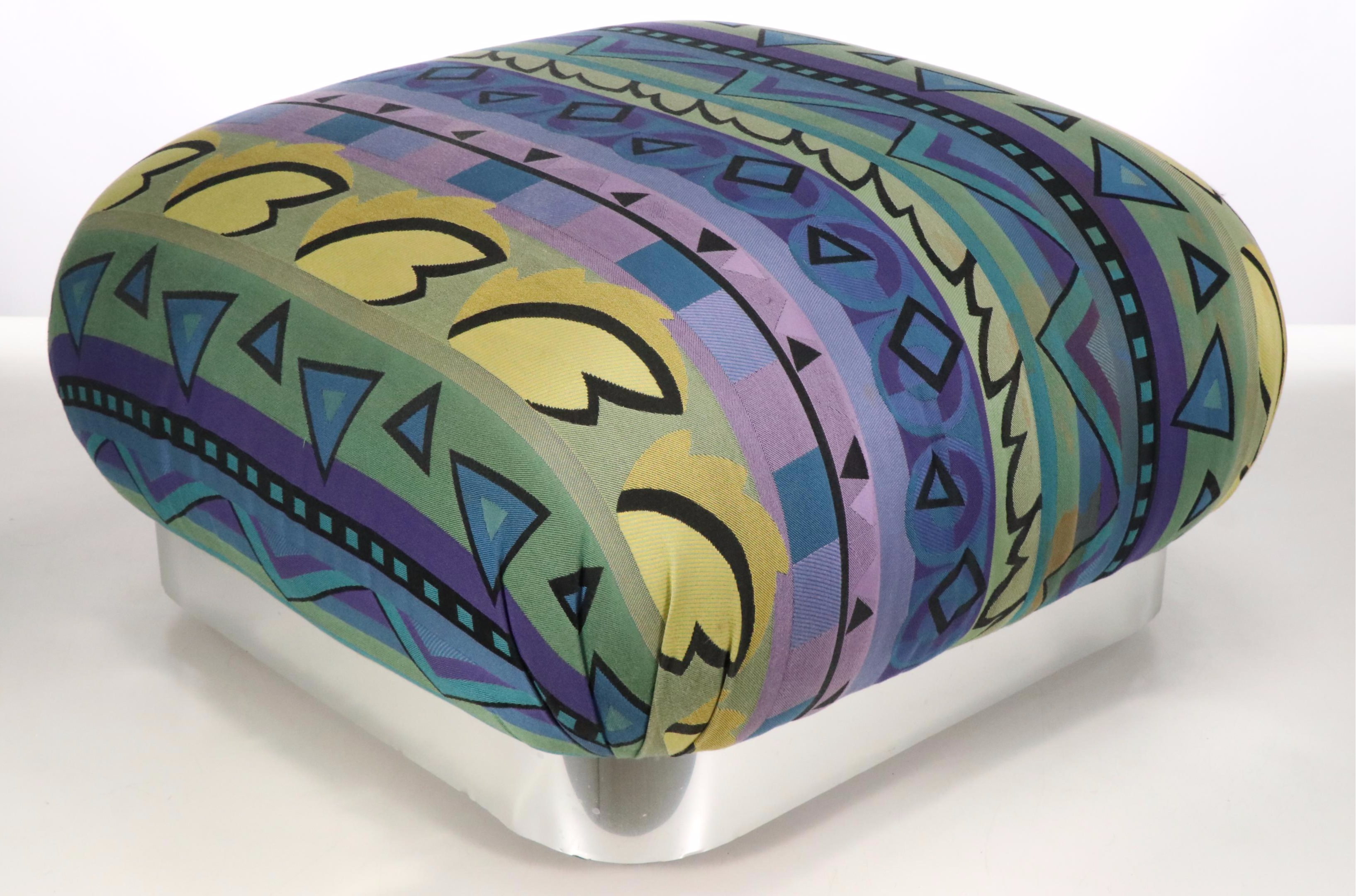 Vintage Geometric Cotton Ottoman with Mirrored Metal Base