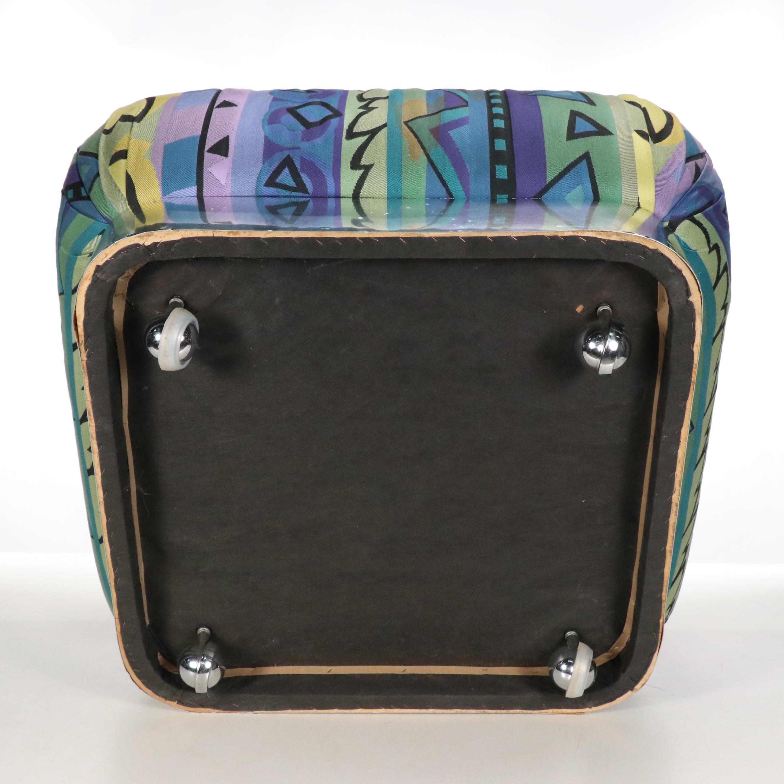 Vintage Geometric Cotton Ottoman with Mirrored Metal Base