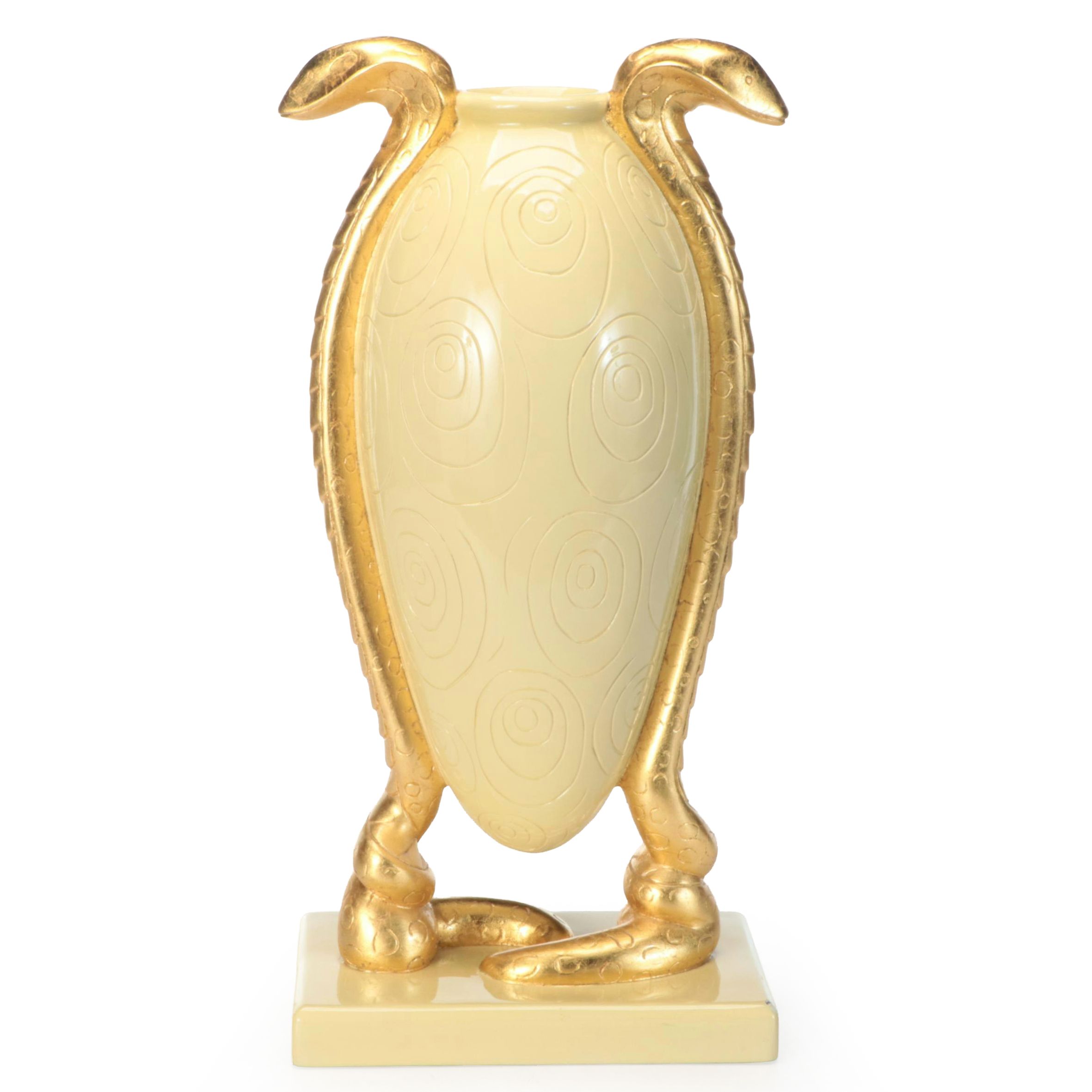 Egyptian Revival Style Cream Suspended Vase with Gilt Cobra Handles