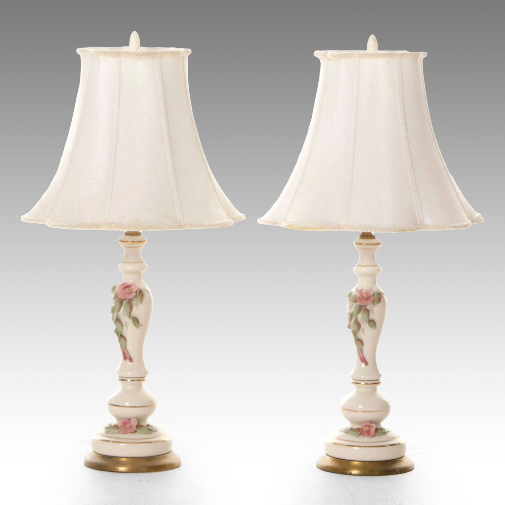Pair of Pink Roses with Gilt Trim Ceramic Table Lamps with Scalloped Shades