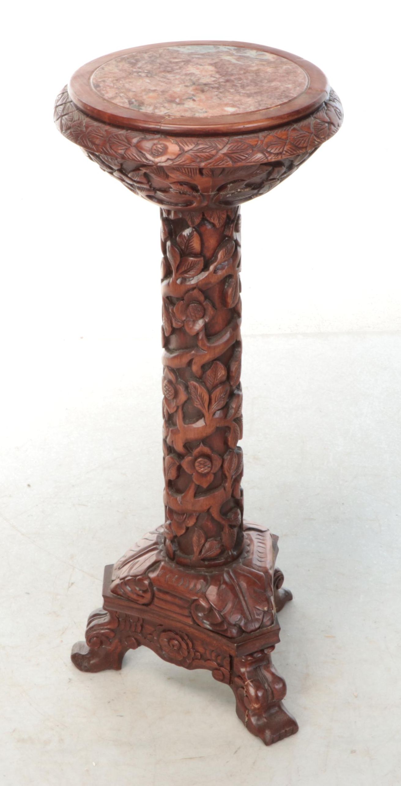 Marble and Carved Wood Plant Stand