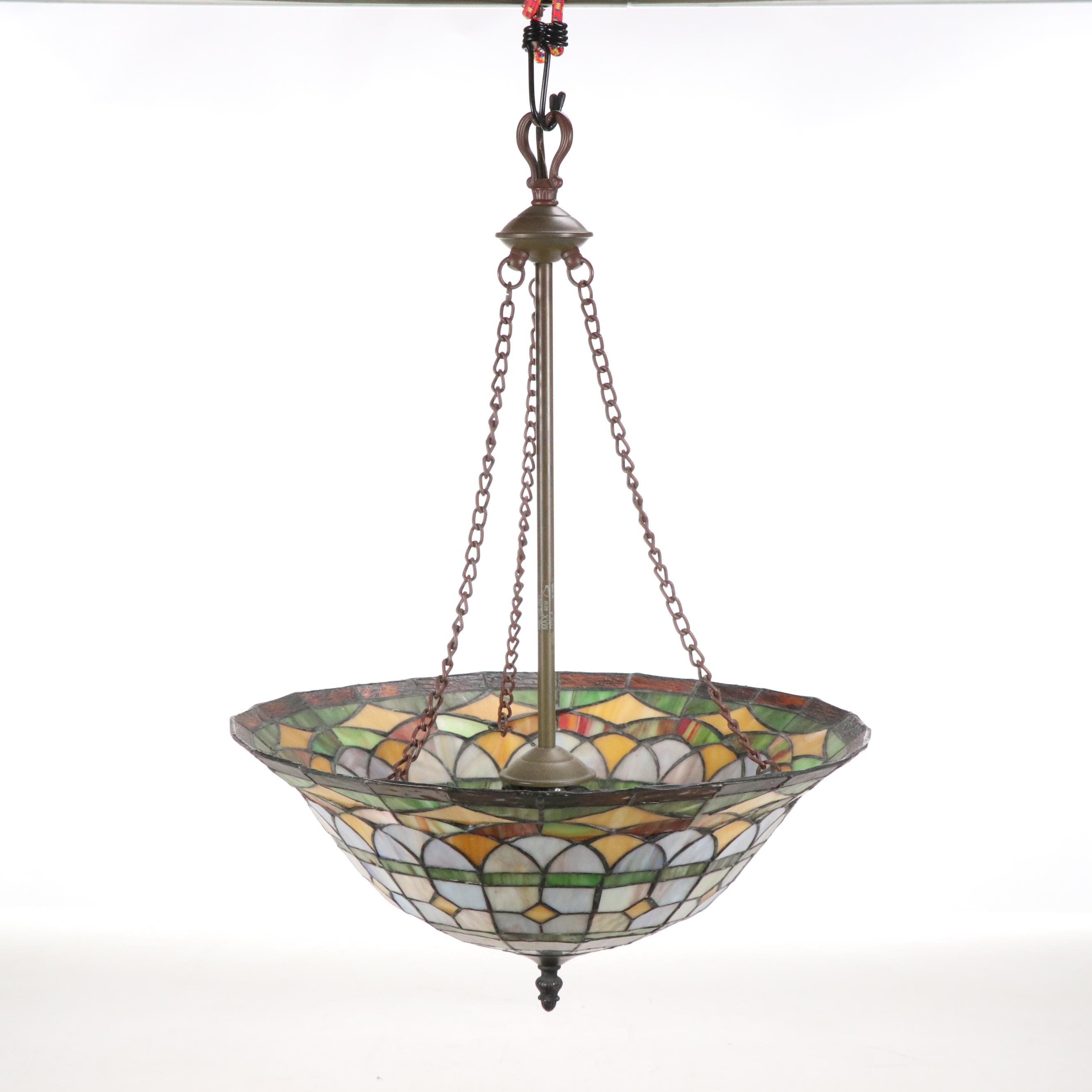 Pair of Art Nouveau Style Leaded Slag Glass Plaffonier Pendant Lights