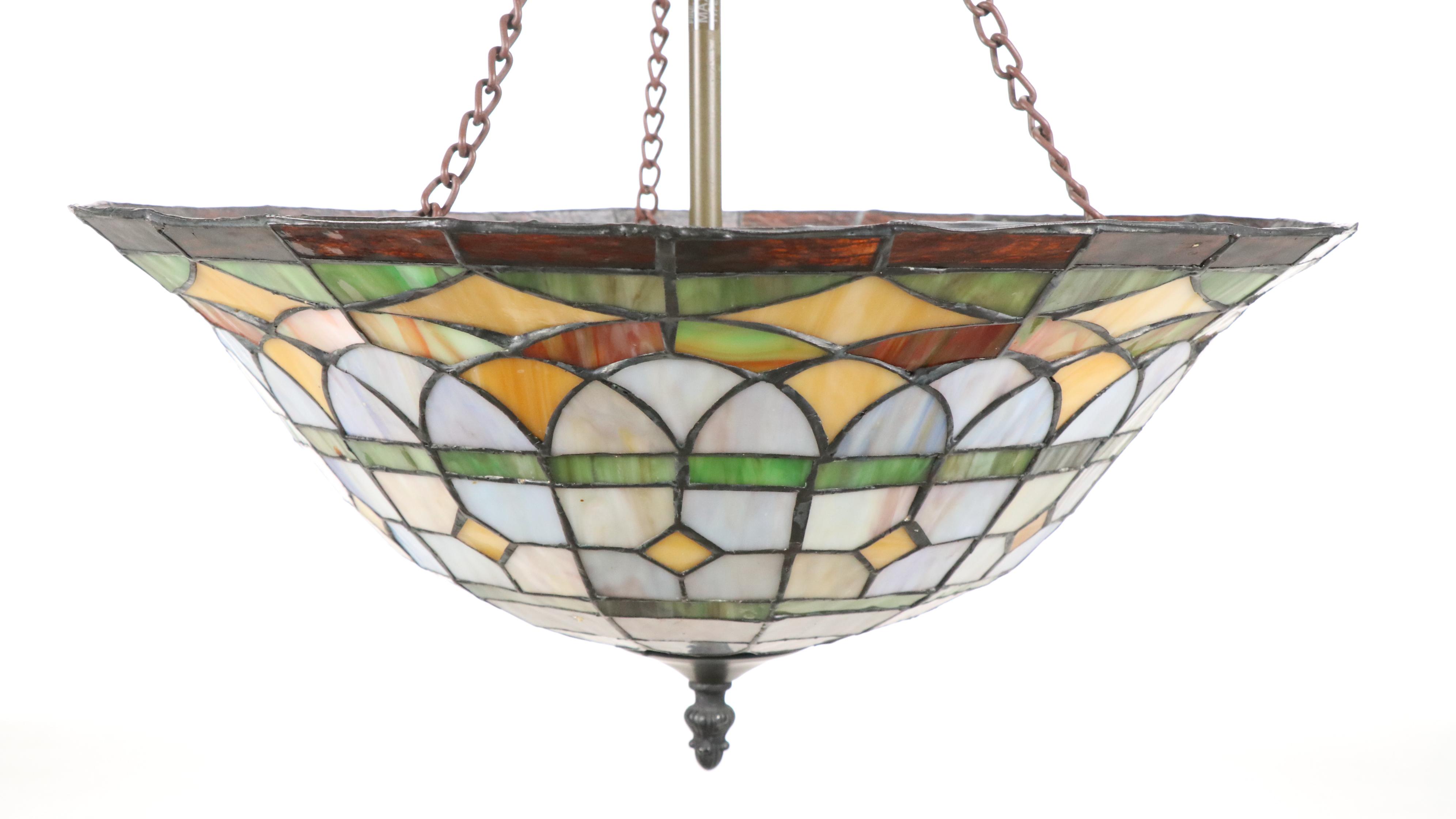 Pair of Art Nouveau Style Leaded Slag Glass Plaffonier Pendant Lights
