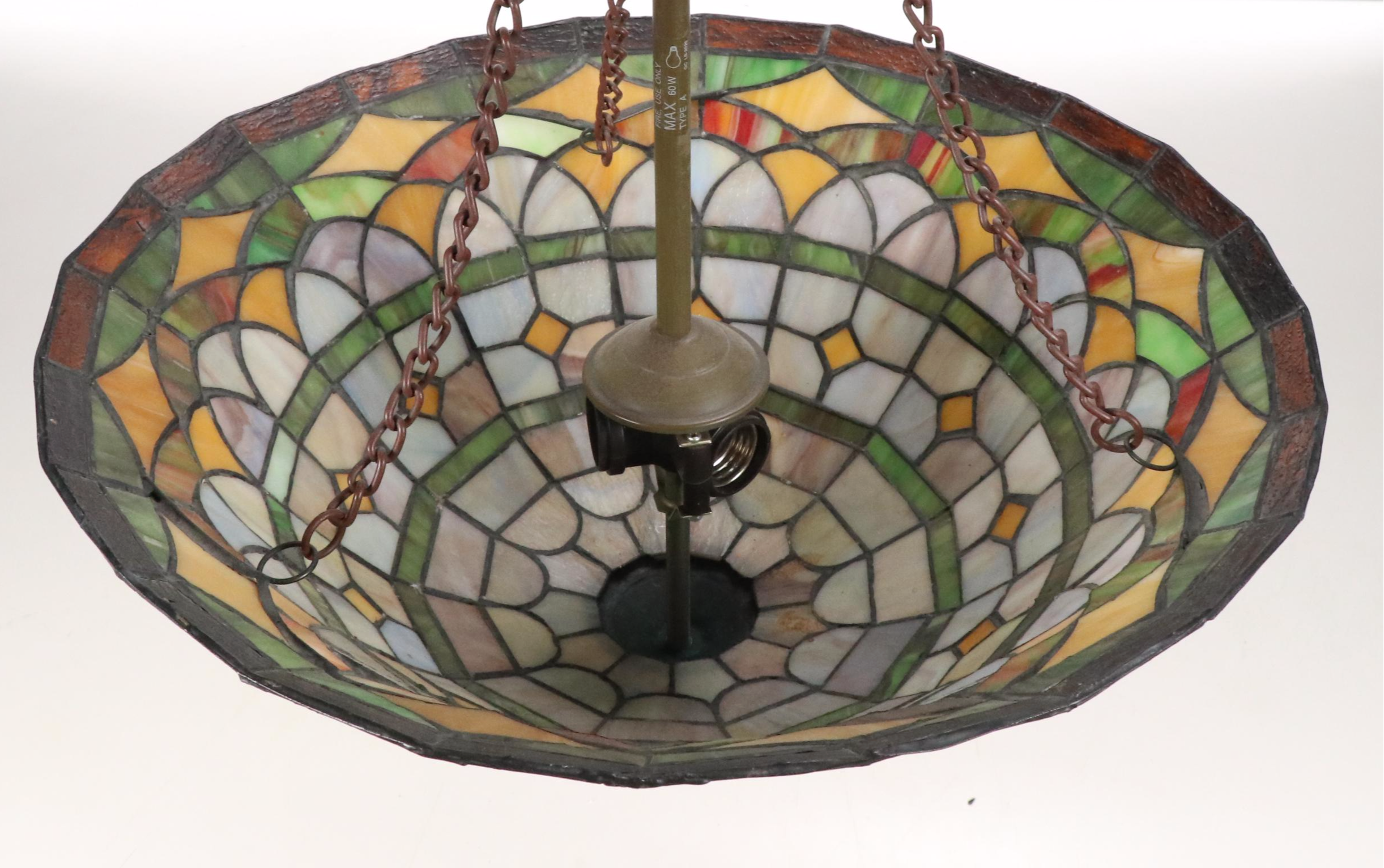 Pair of Art Nouveau Style Leaded Slag Glass Plaffonier Pendant Lights