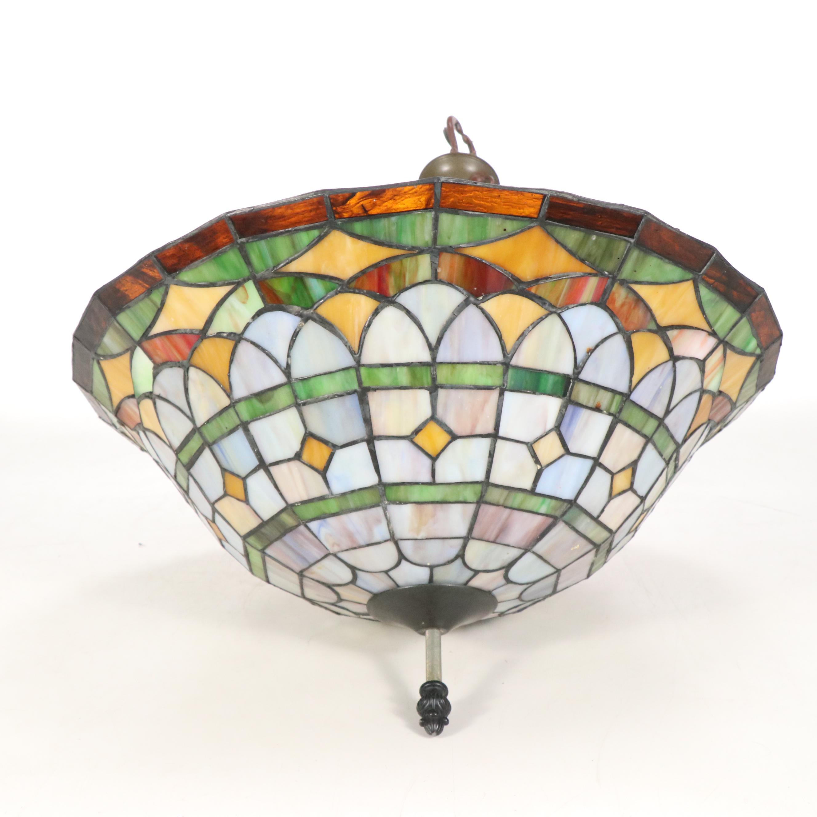 Pair of Art Nouveau Style Leaded Slag Glass Plaffonier Pendant Lights