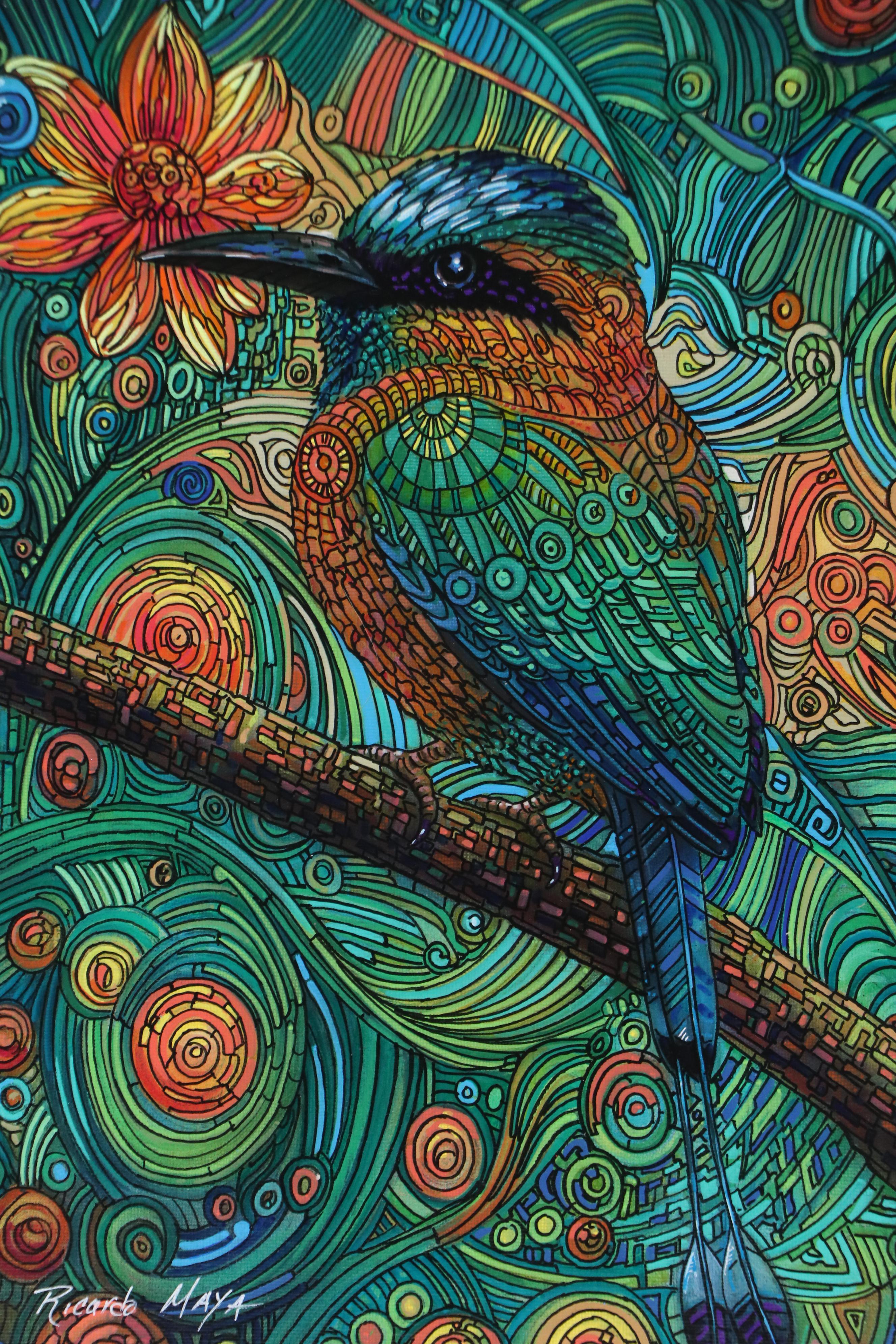 Ricardo Maya Stylized Acrylic Painting of Bird, 21st Century