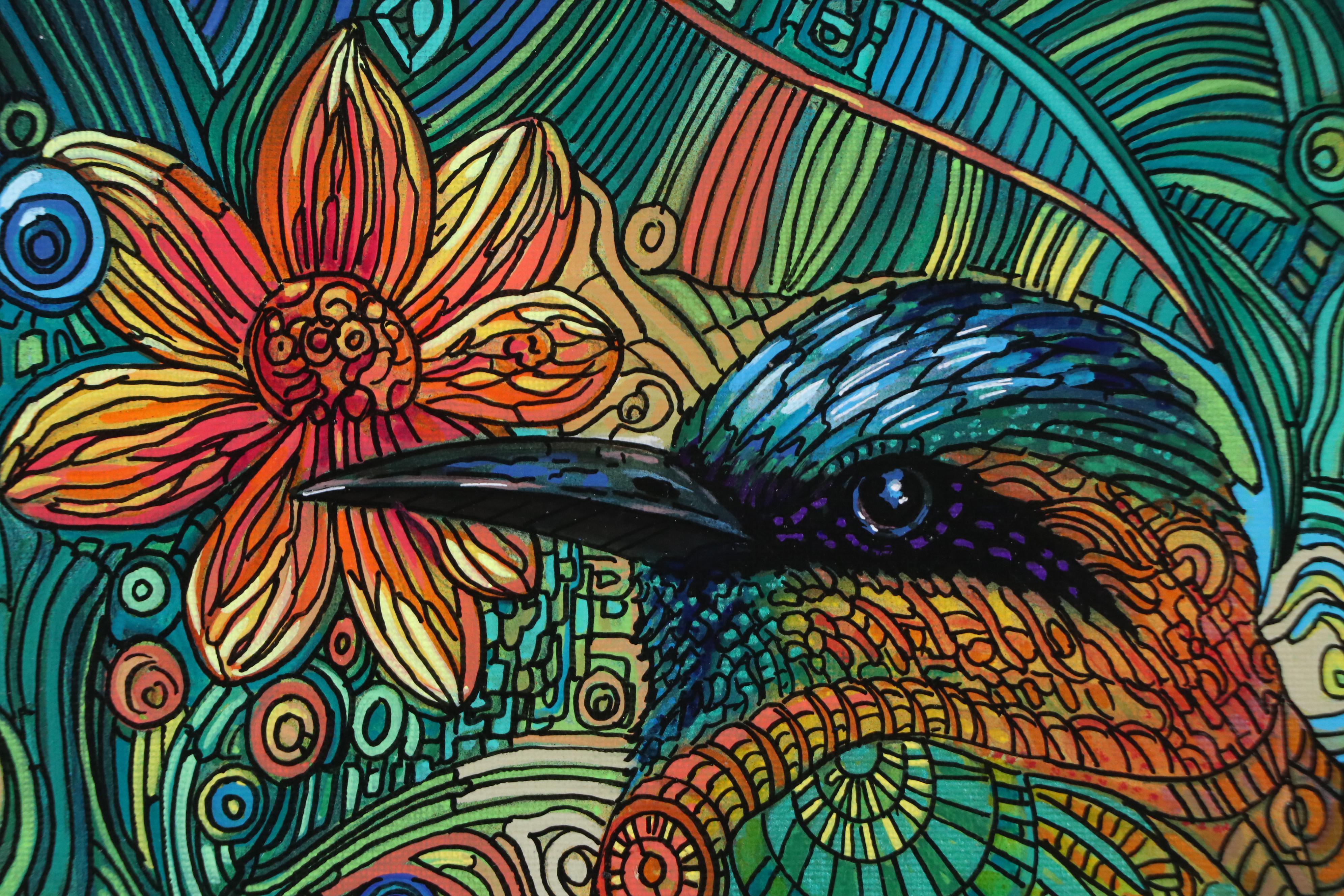 Ricardo Maya Stylized Acrylic Painting of Bird, 21st Century