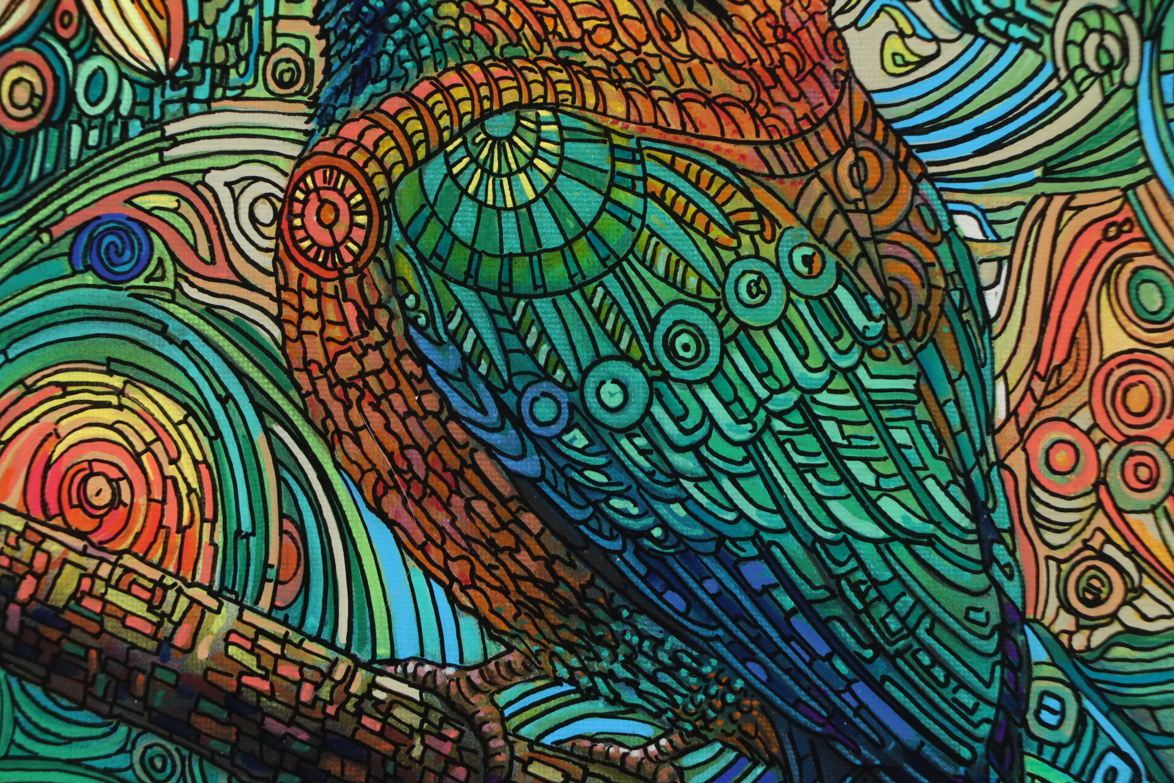 Ricardo Maya Stylized Acrylic Painting of Bird, 21st Century