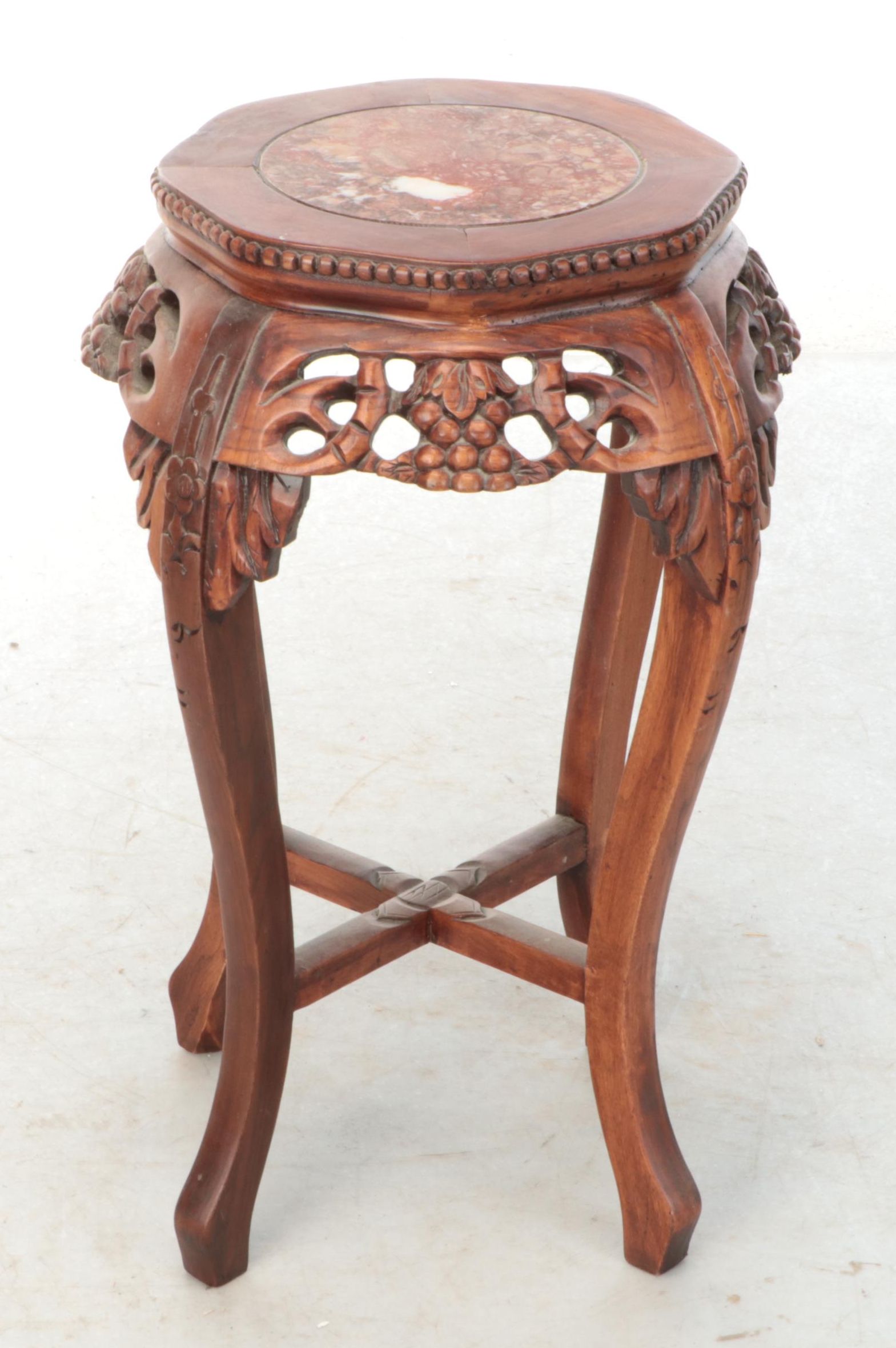 Chinese Carved Rosewood Marble Top Plant Stand, 20th Century