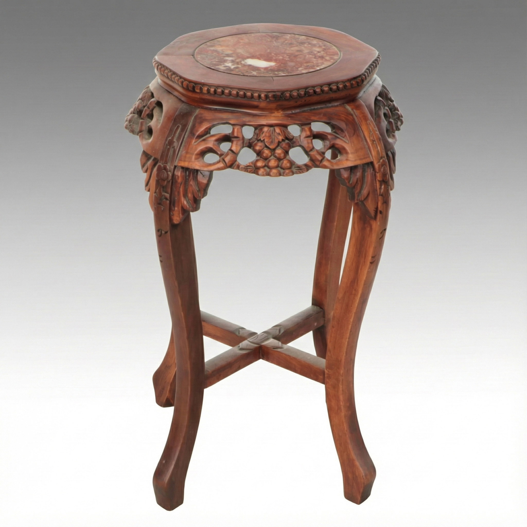 Chinese Carved Rosewood Marble Top Plant Stand, 20th Century