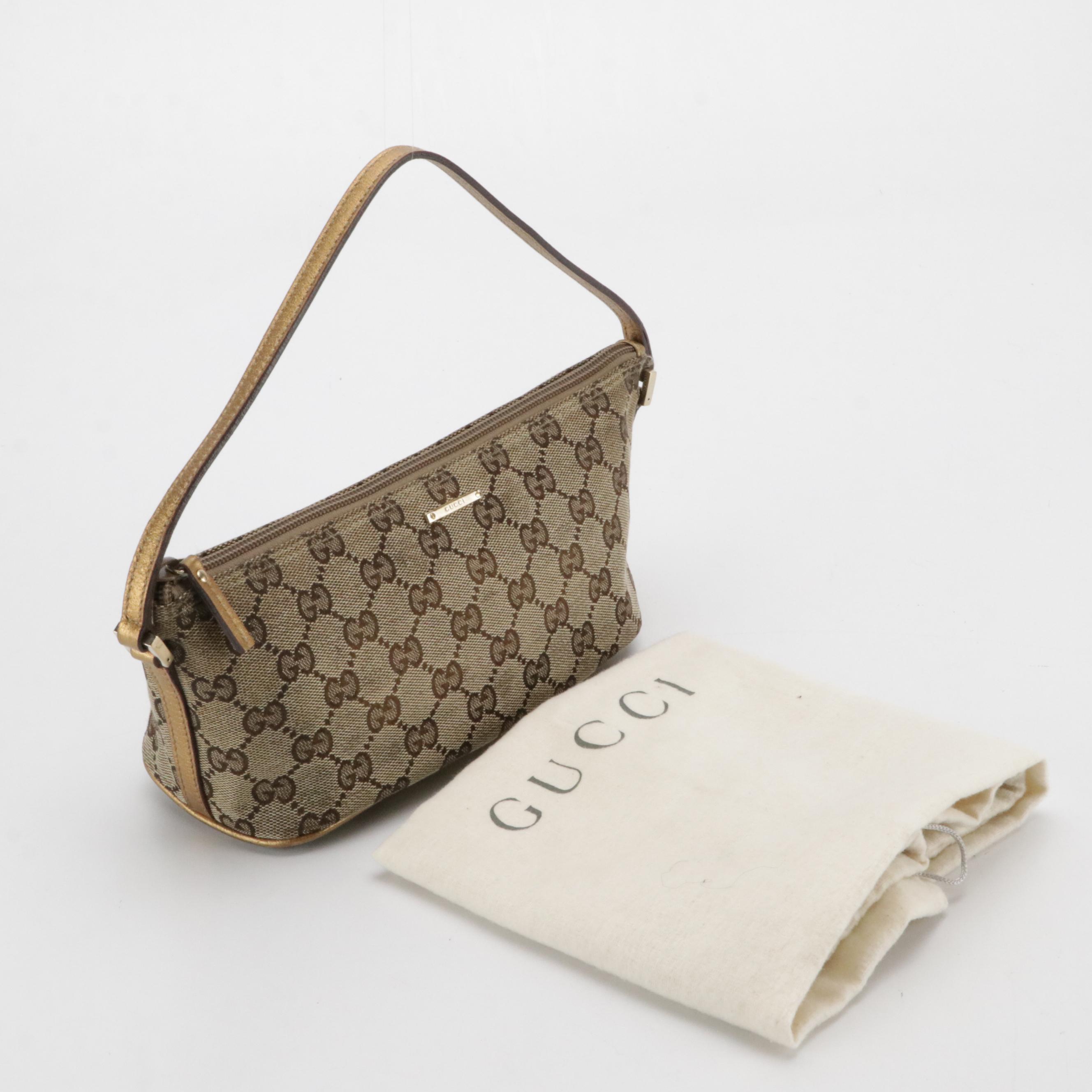 Gucci Boat Pochette in Brown GG Canvas with Metallic Leather Trim
