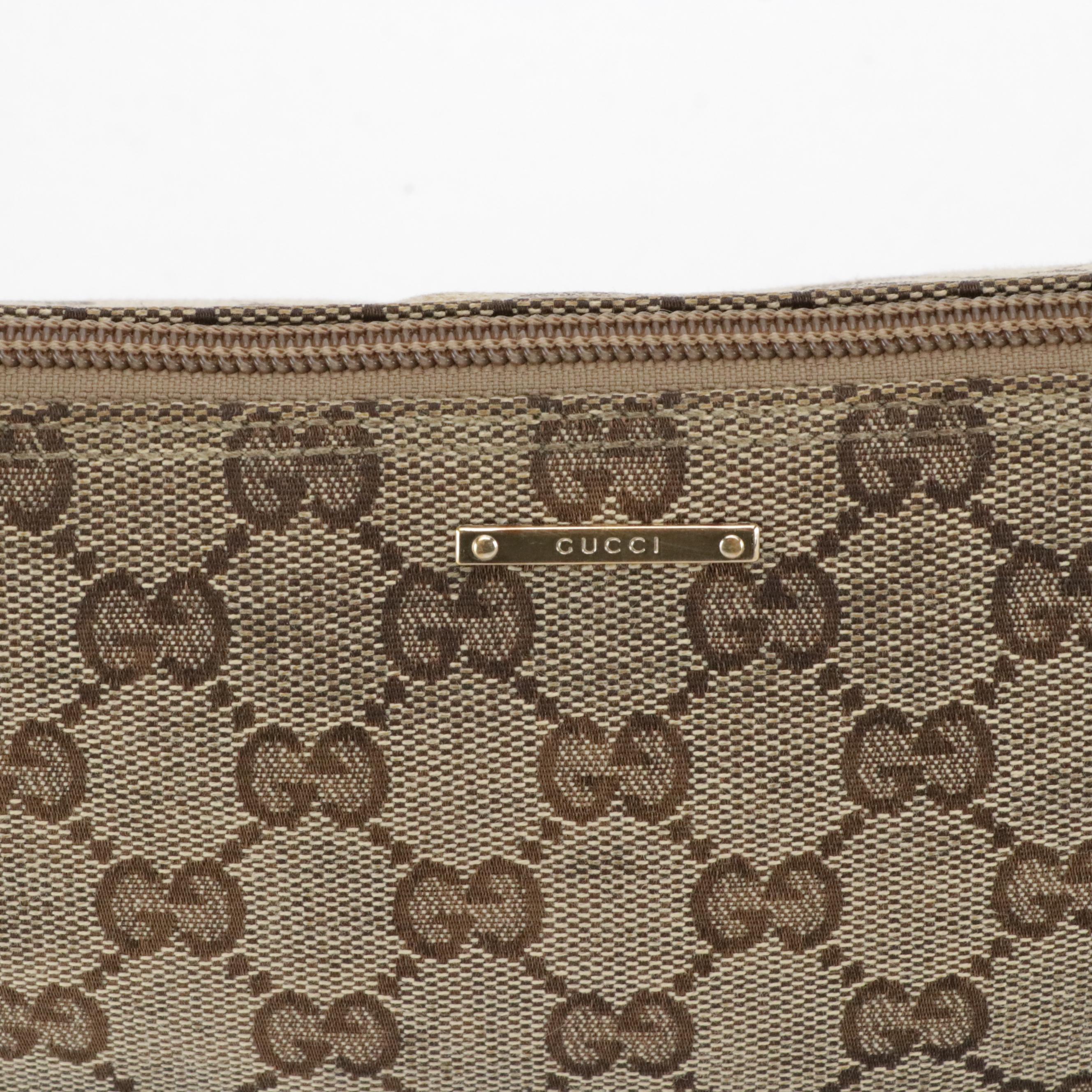 Gucci Boat Pochette in Brown GG Canvas with Metallic Leather Trim