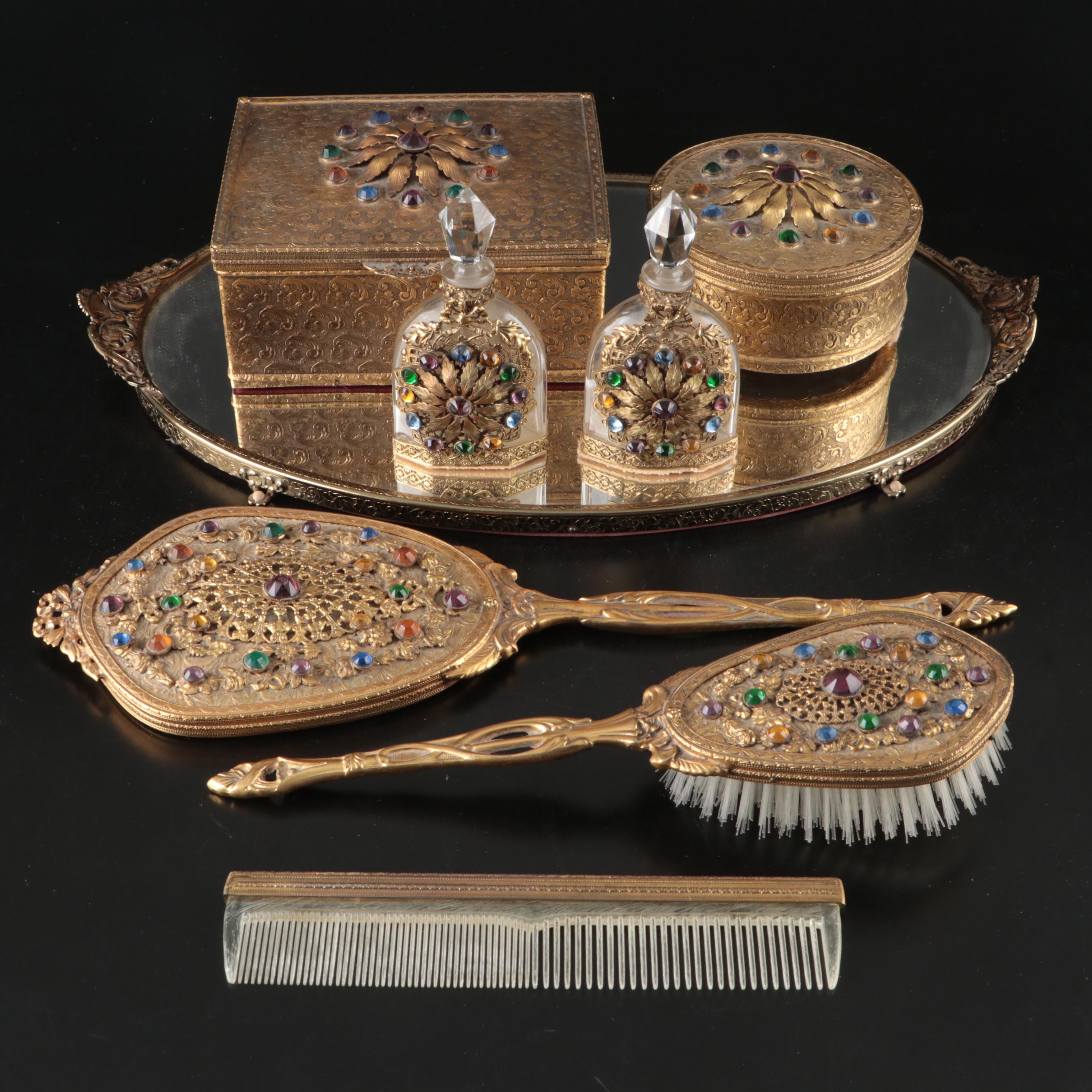 Gold Finish Hand Mirror, Hairbrush, Vanity Boxes, and More Vanity Accessories