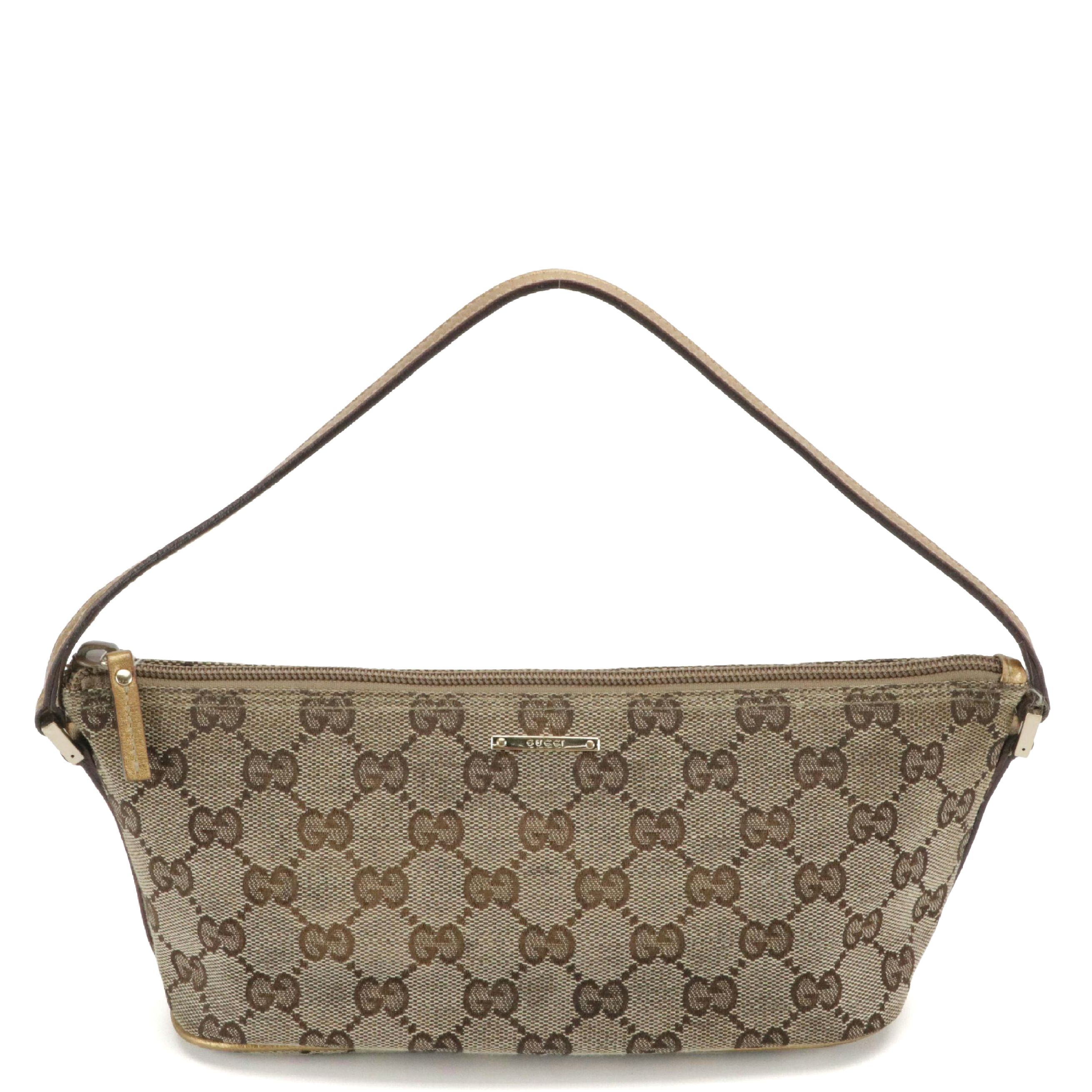 Gucci Boat Pochette in Brown GG Canvas with Metallic Leather Trim