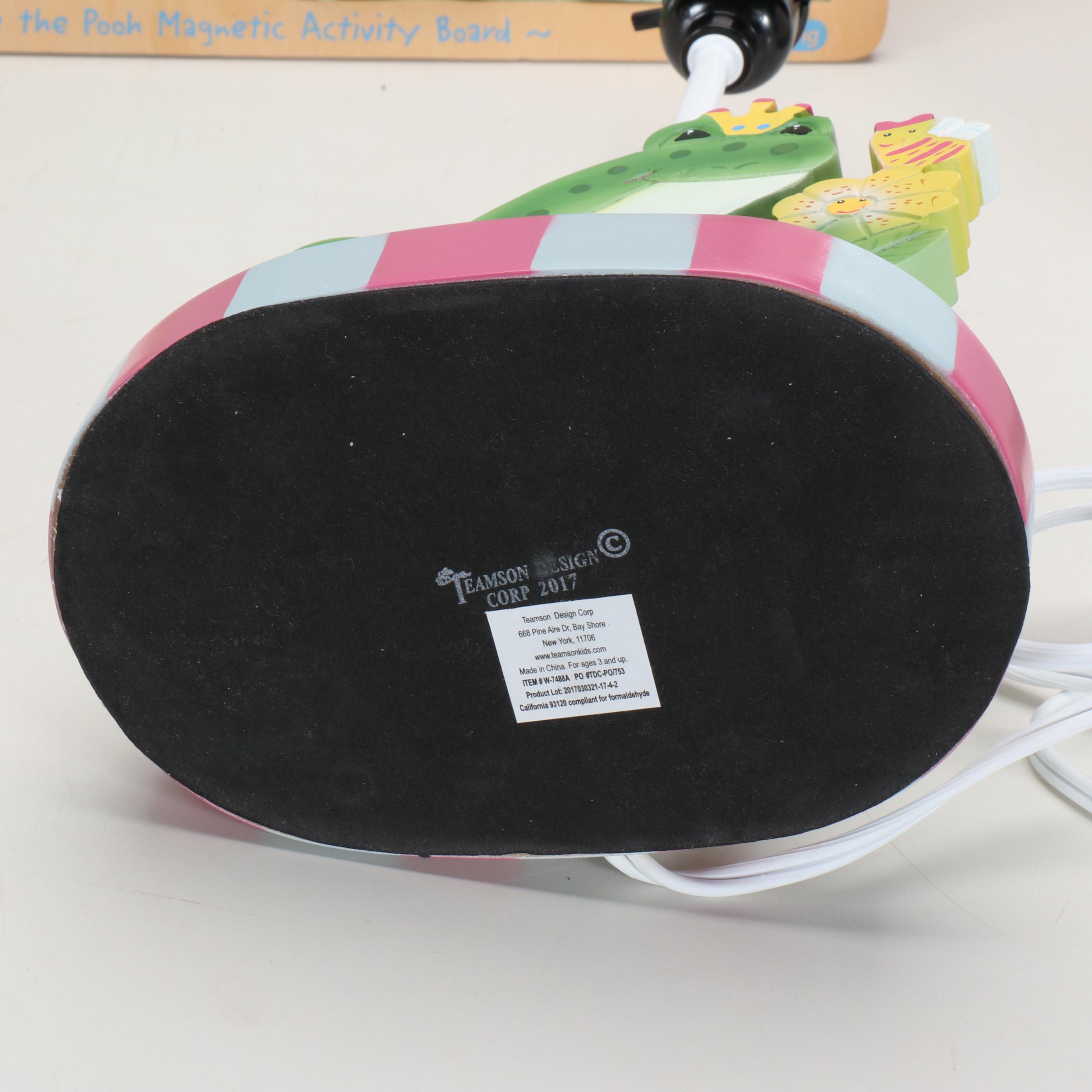 Framed Offset Lithograph Alphabet, Child's Table Lamp and Pooh Activity Board