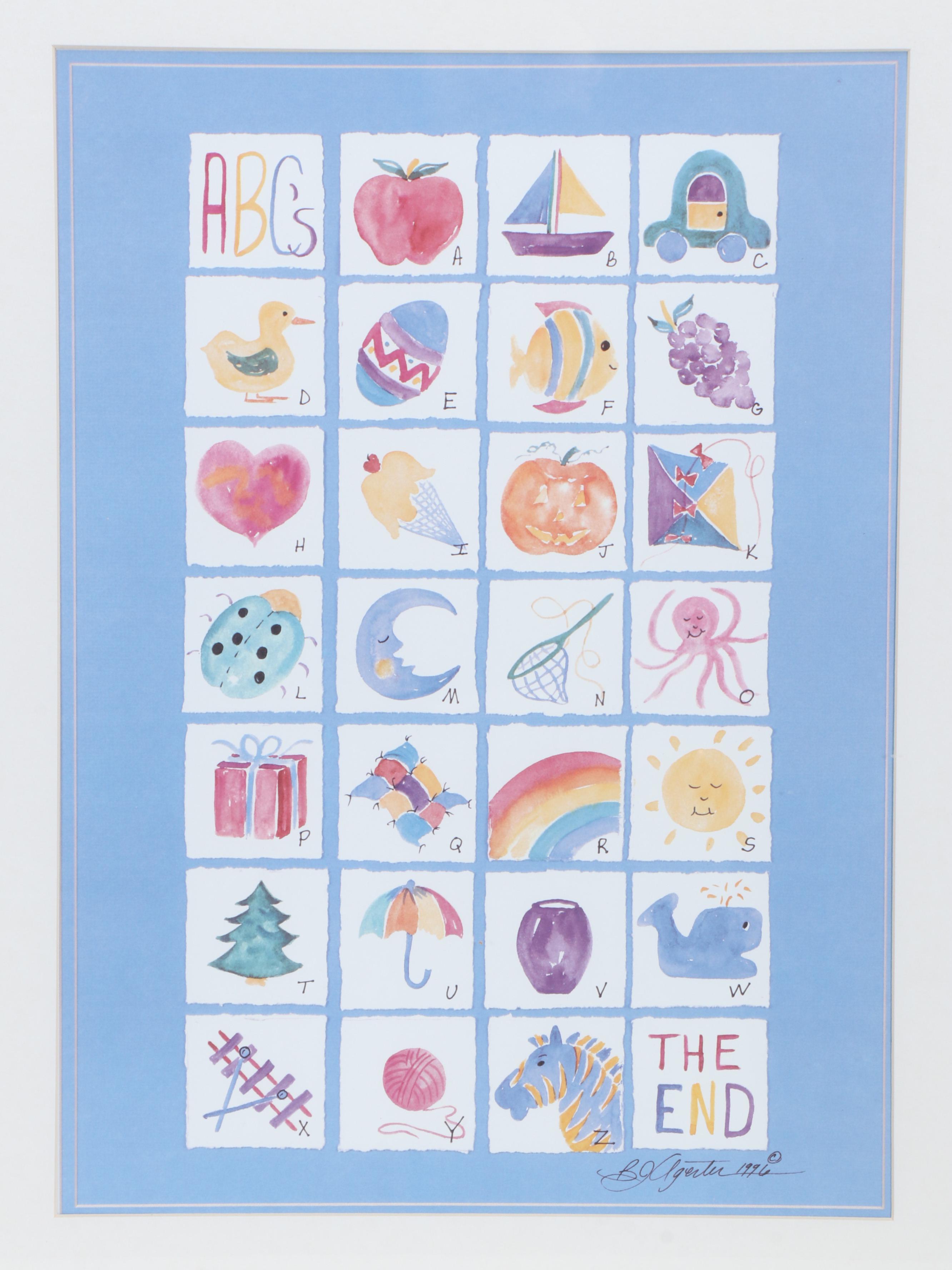 Framed Offset Lithograph Alphabet, Child's Table Lamp and Pooh Activity Board