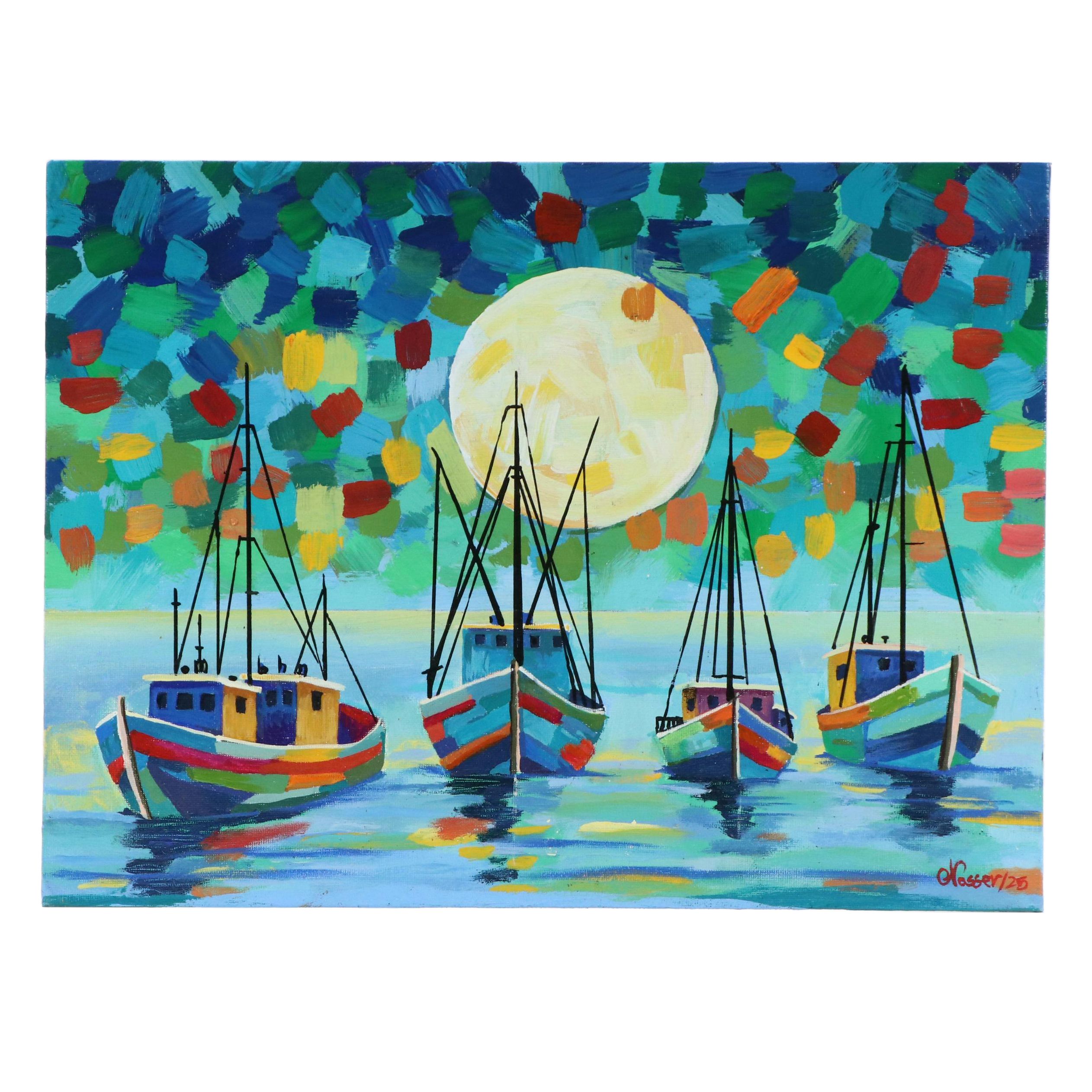 Nasser Mejía Moreno Nocturne Harbor Scene Oil Painting, 2025