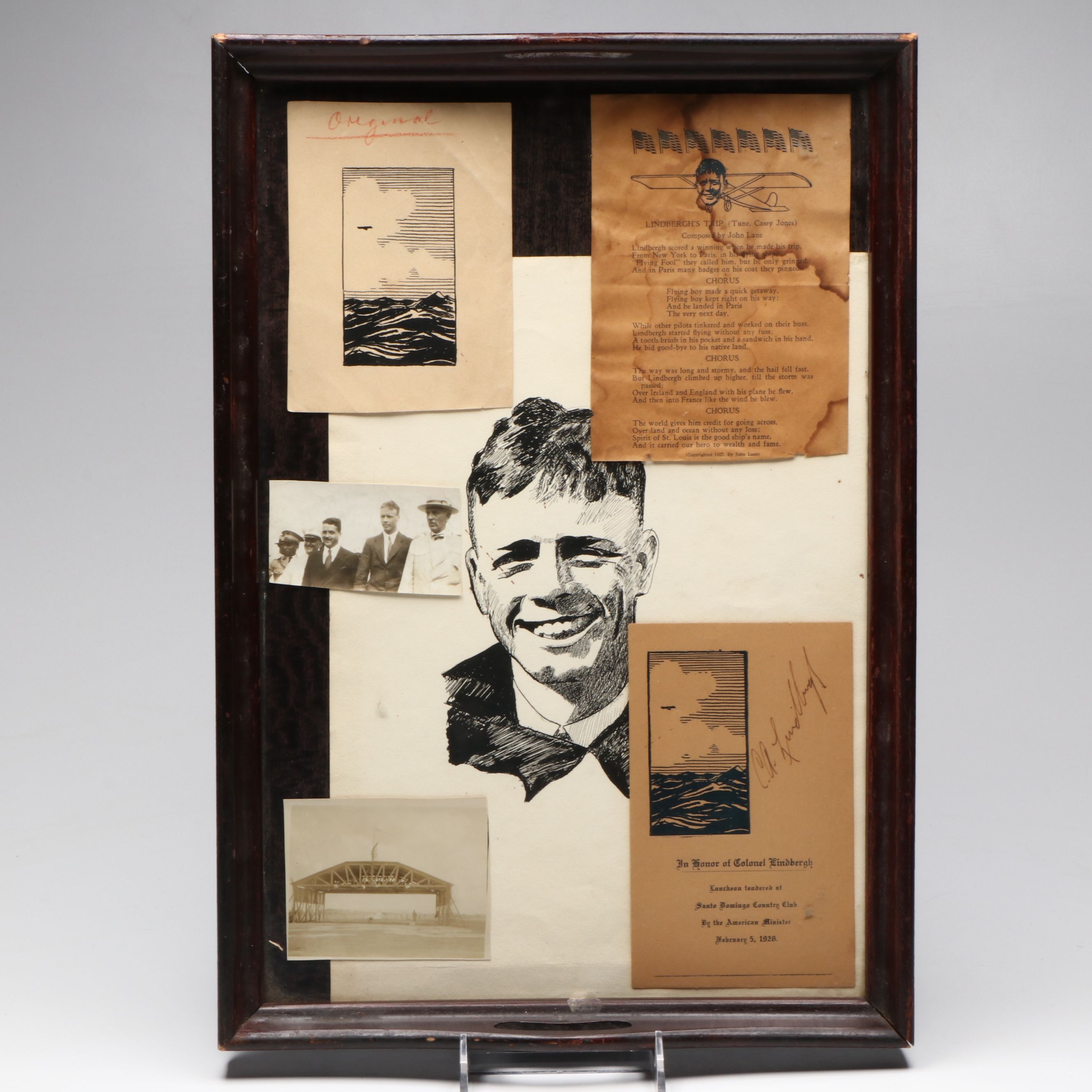 Antique Charles Lindbergh Signed Program and More Framed Memorabilia, 1920s