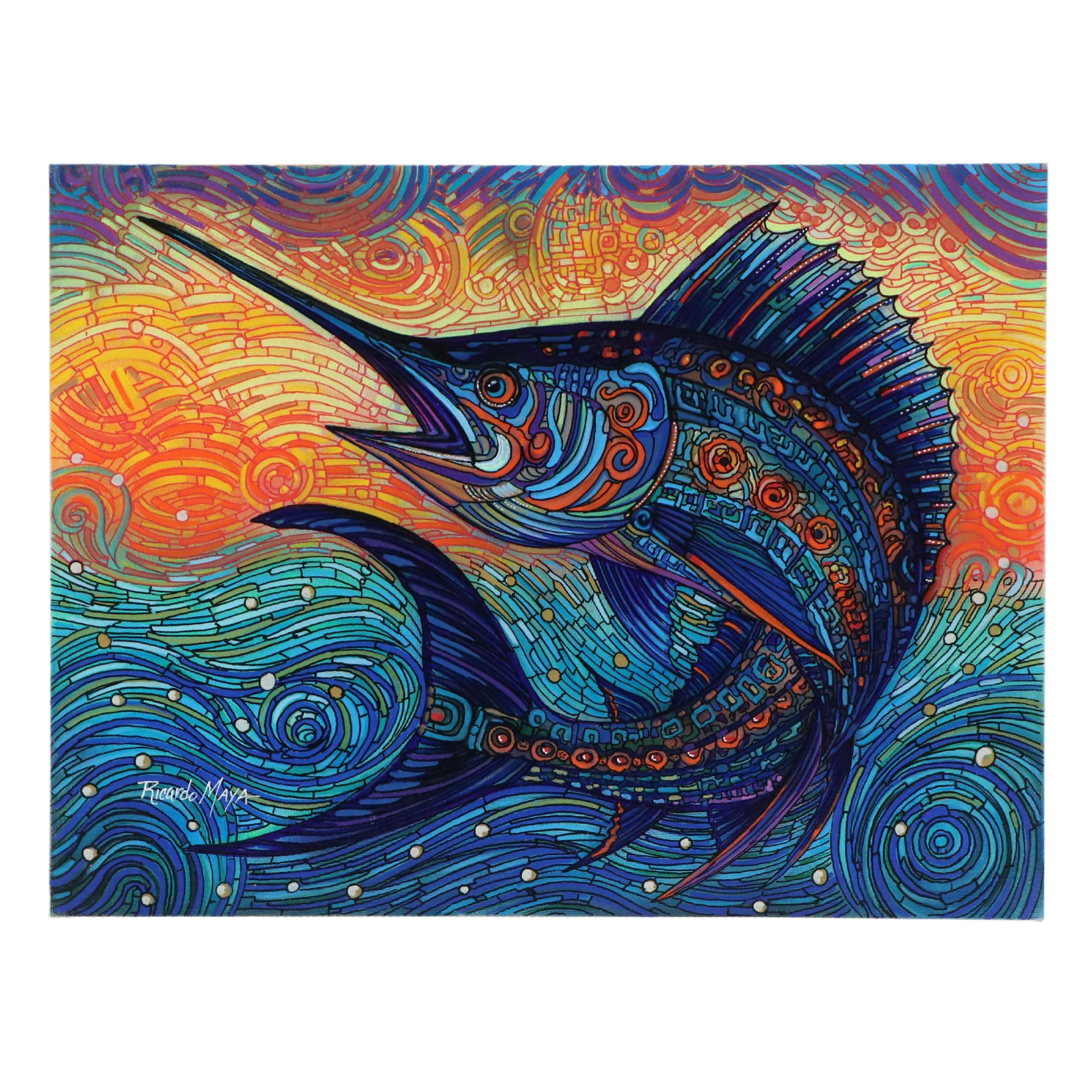 Ricardo Maya Stylized Marlin Acrylic Painting, Circa 2025
