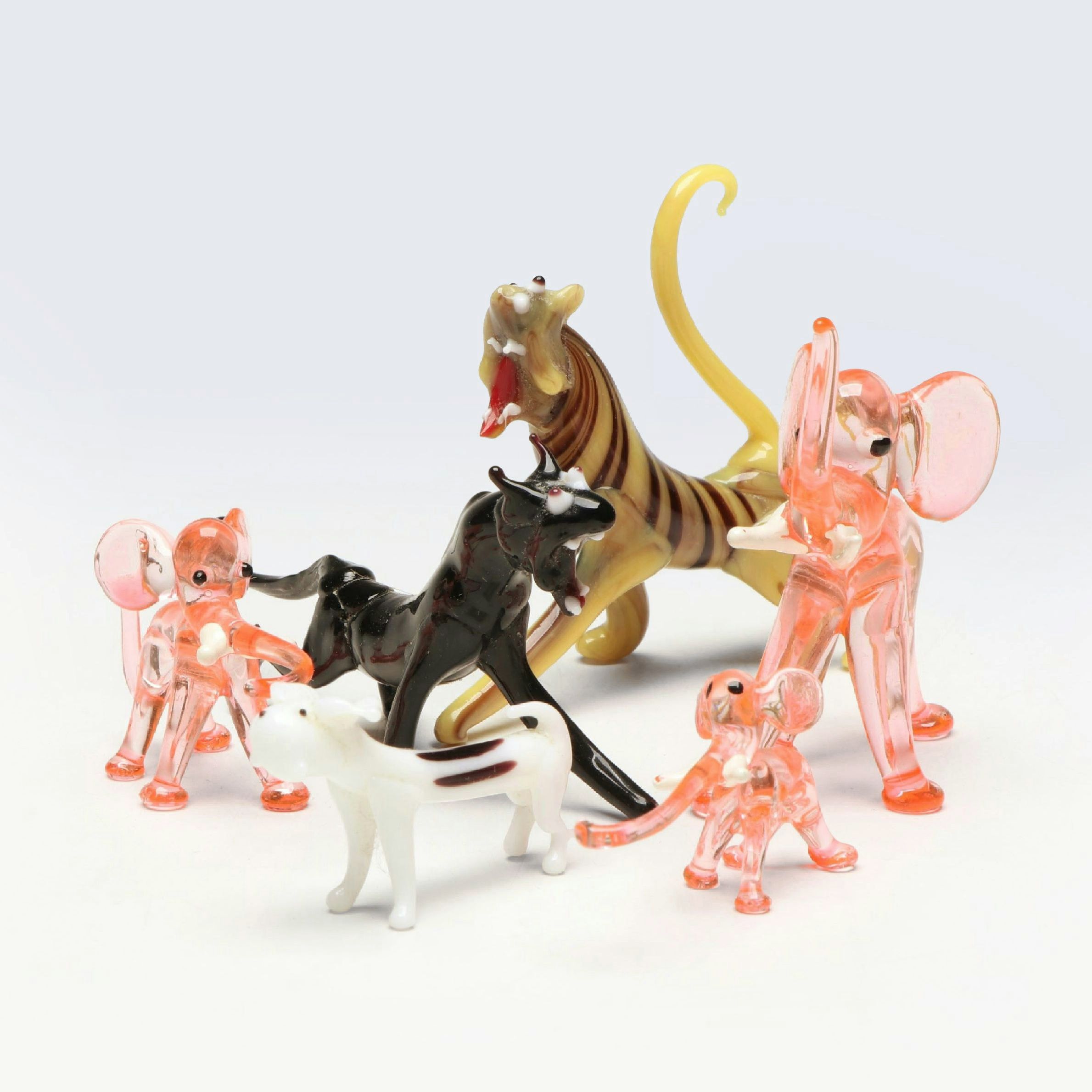 Blown Art Glass Panther, Tiger, Elephant and Dog Animal Figurines