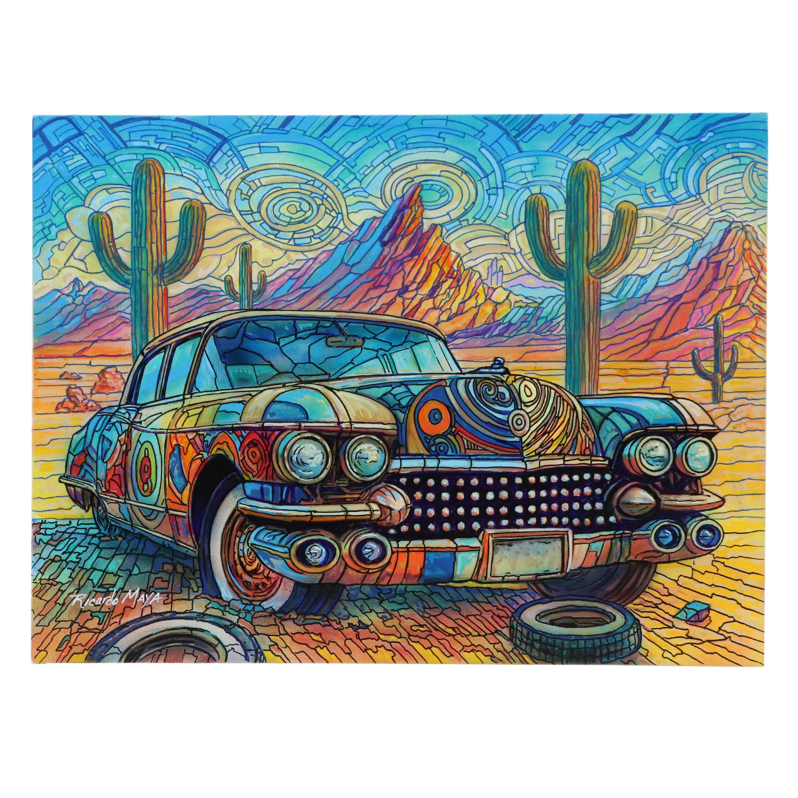 Ricardo Maya Desert Landscape with Automobile Acrylic Painting, Circa 2025