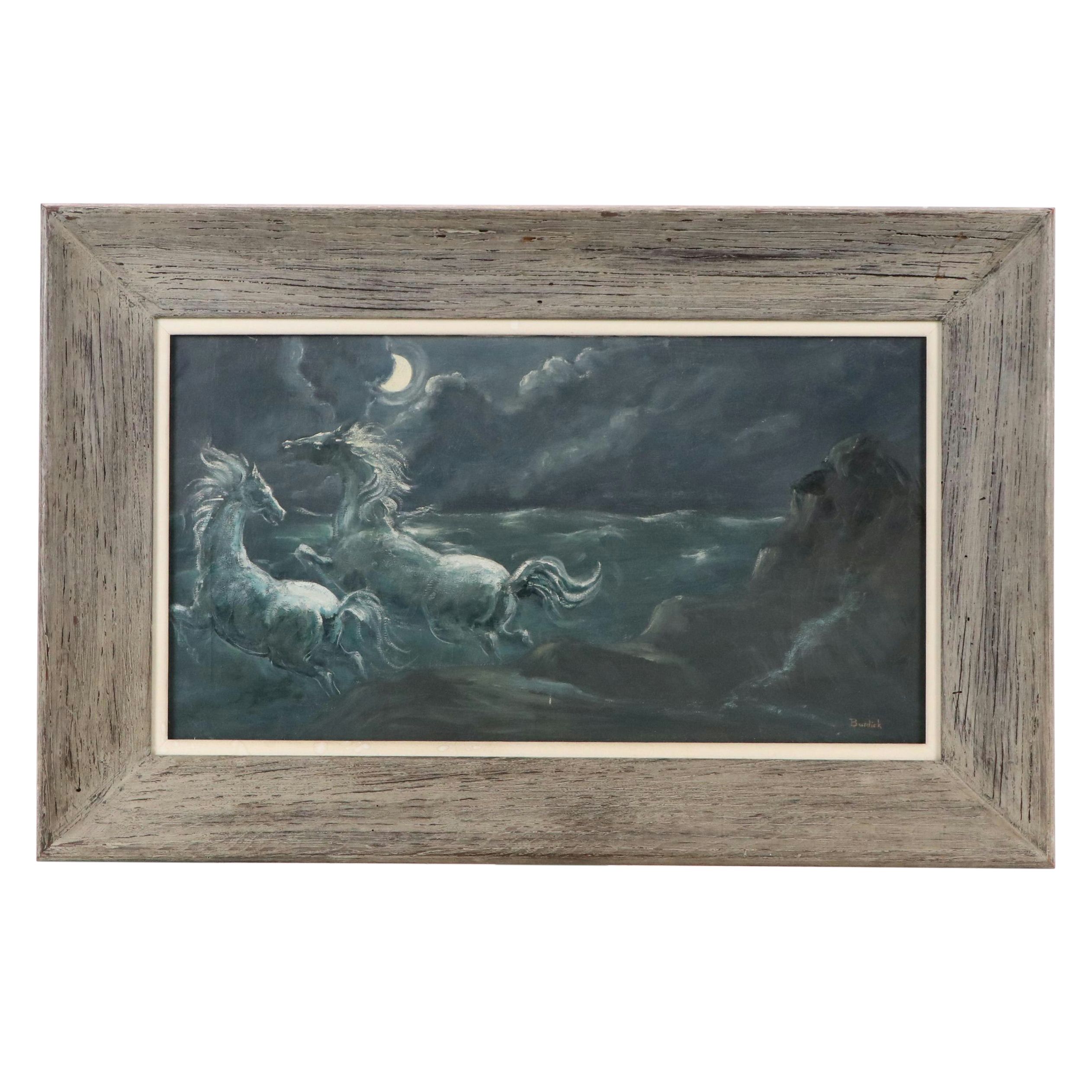 Charles Edward Burdick Oil Painting of Nocturne Landscape with Galloping Horses