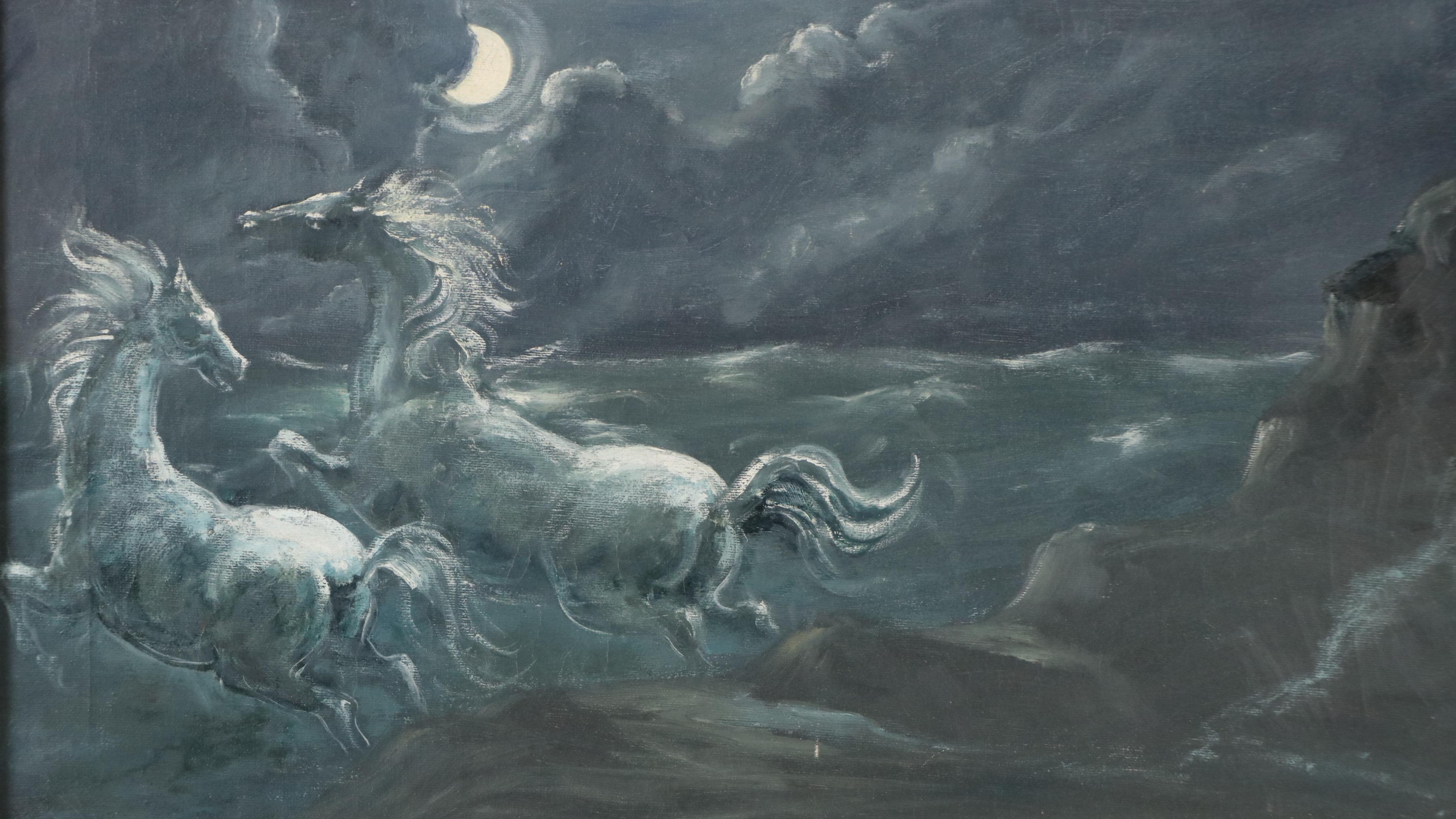 Charles Edward Burdick Oil Painting of Nocturne Landscape with Galloping Horses