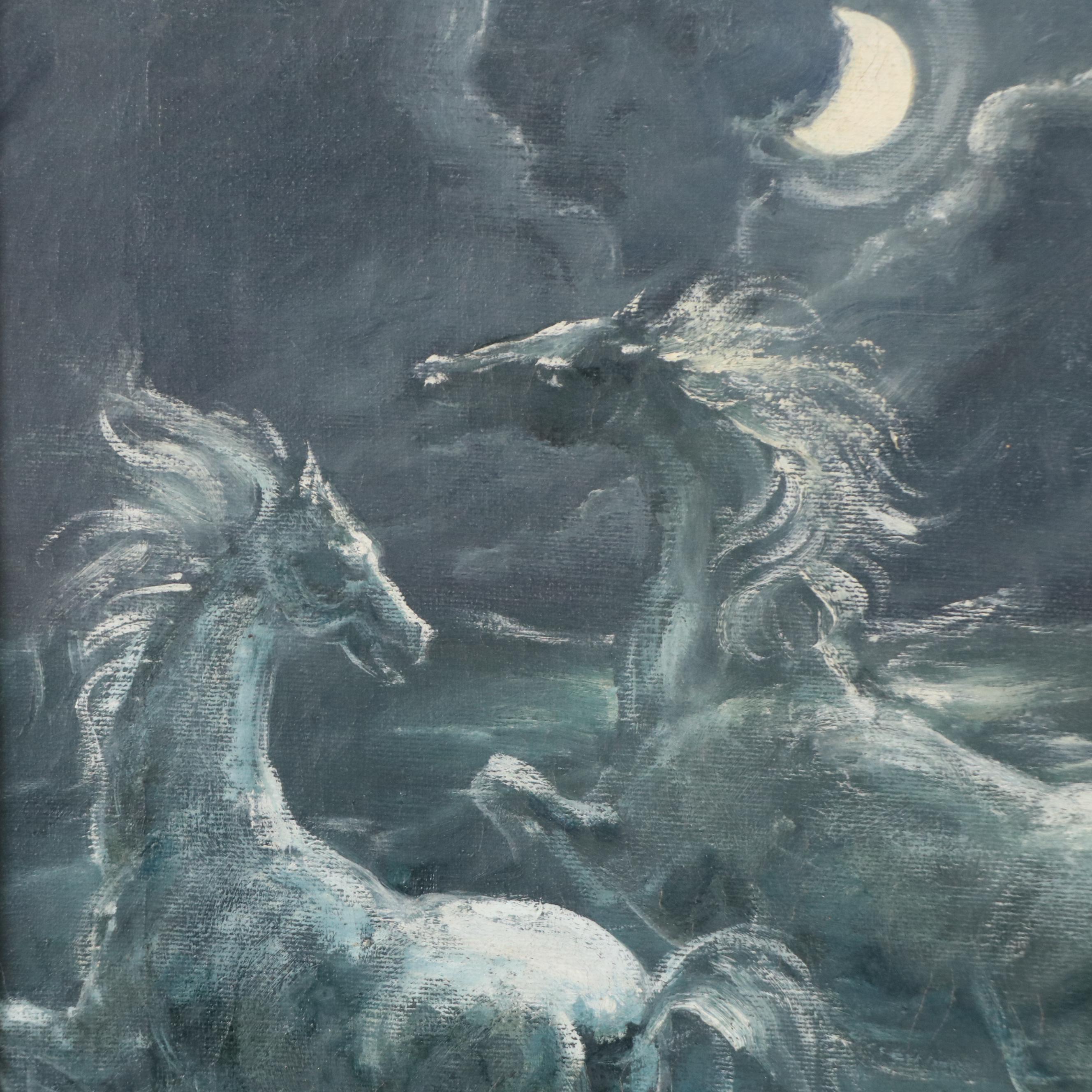 Charles Edward Burdick Oil Painting of Nocturne Landscape with Galloping Horses