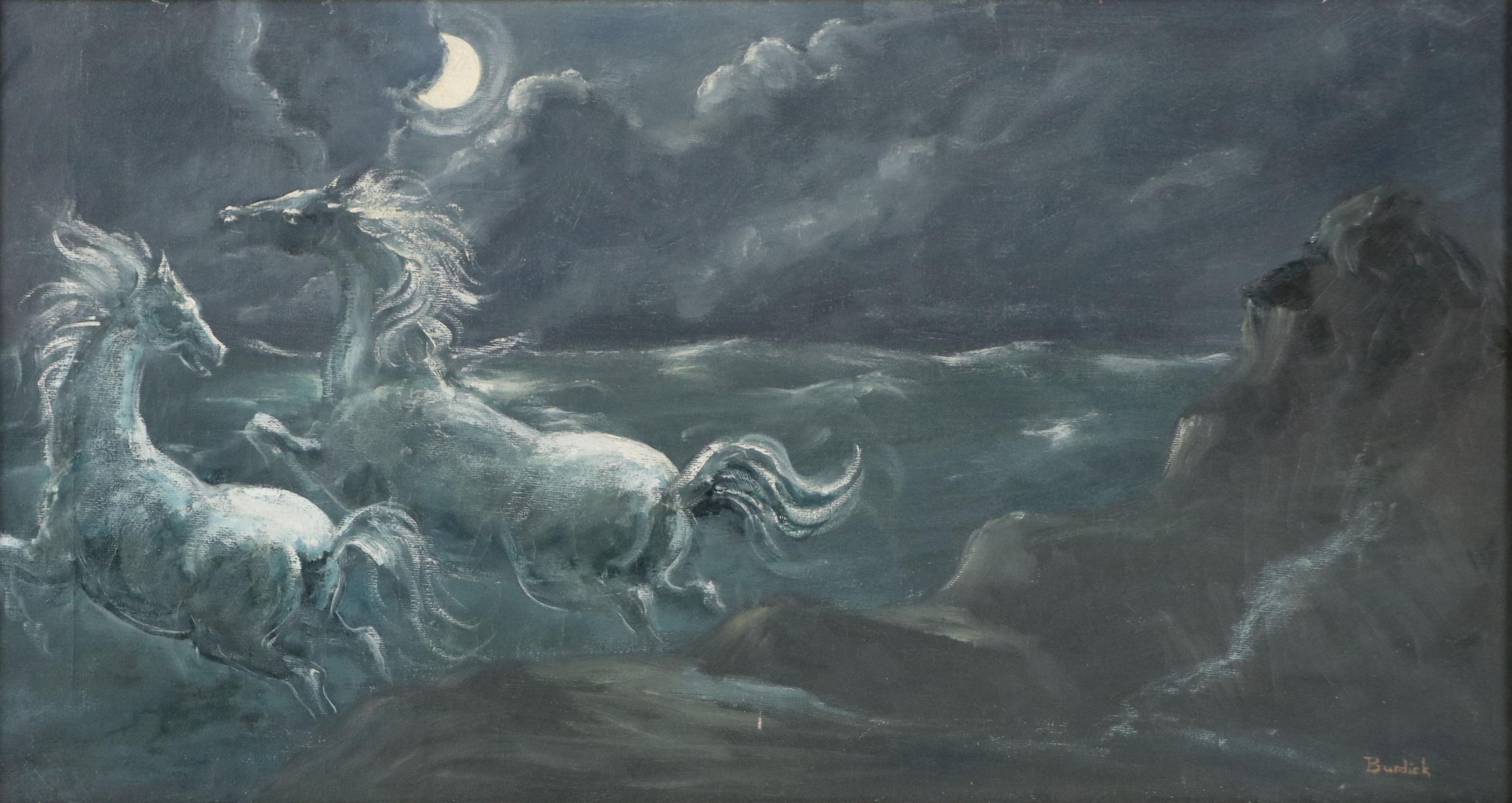 Charles Edward Burdick Oil Painting of Nocturne Landscape with Galloping Horses