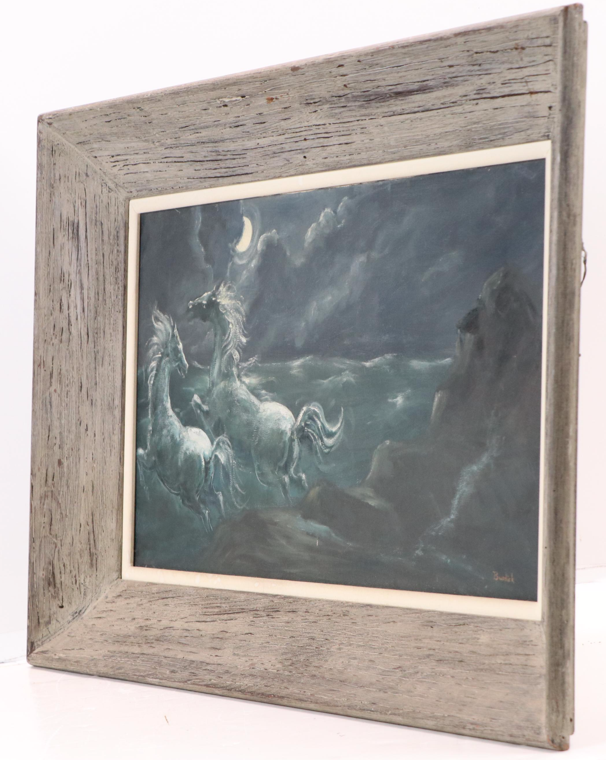 Charles Edward Burdick Oil Painting of Nocturne Landscape with Galloping Horses