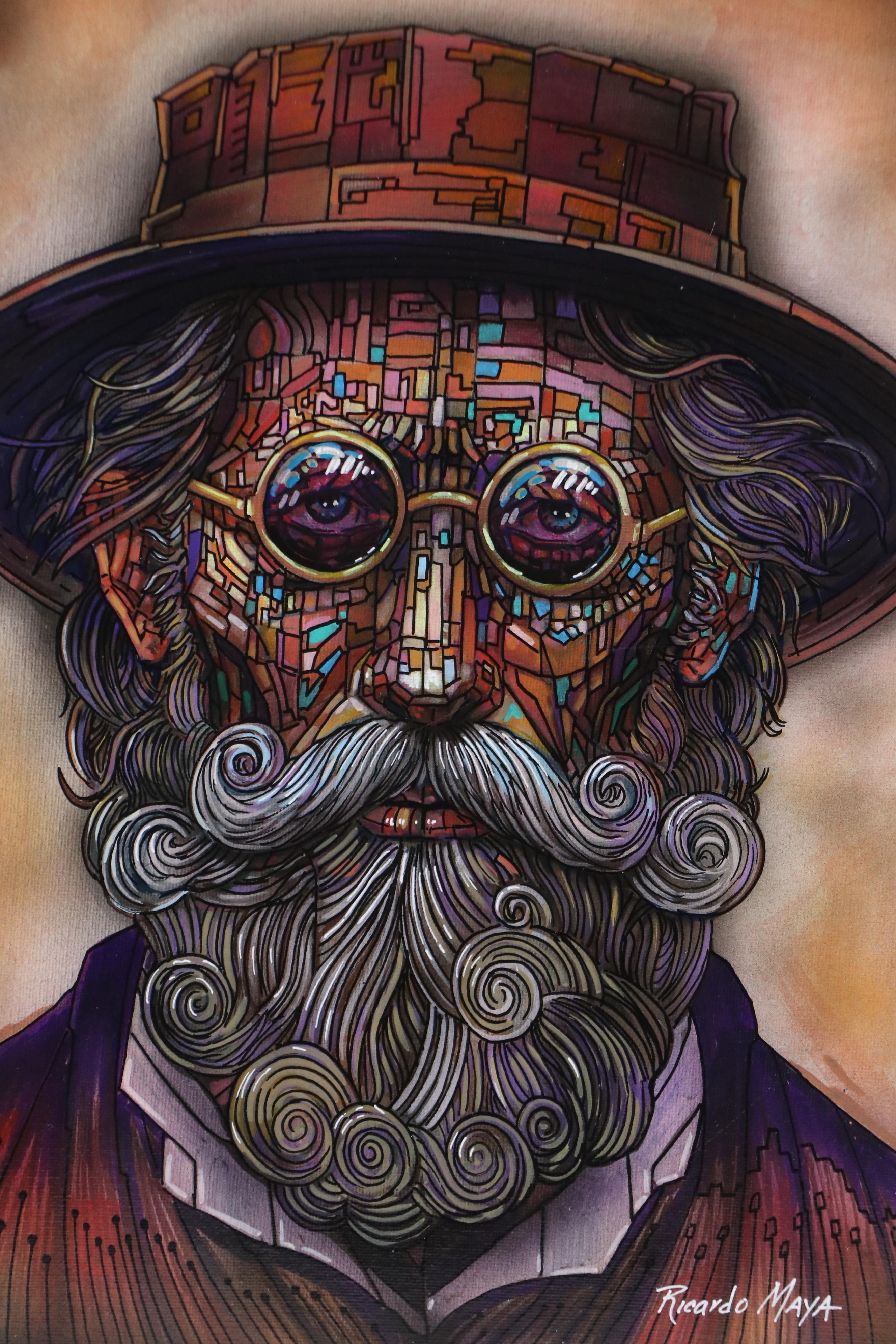 Ricardo Maya Stylized Acrylic Portrait of Bearded Man, 21st Century