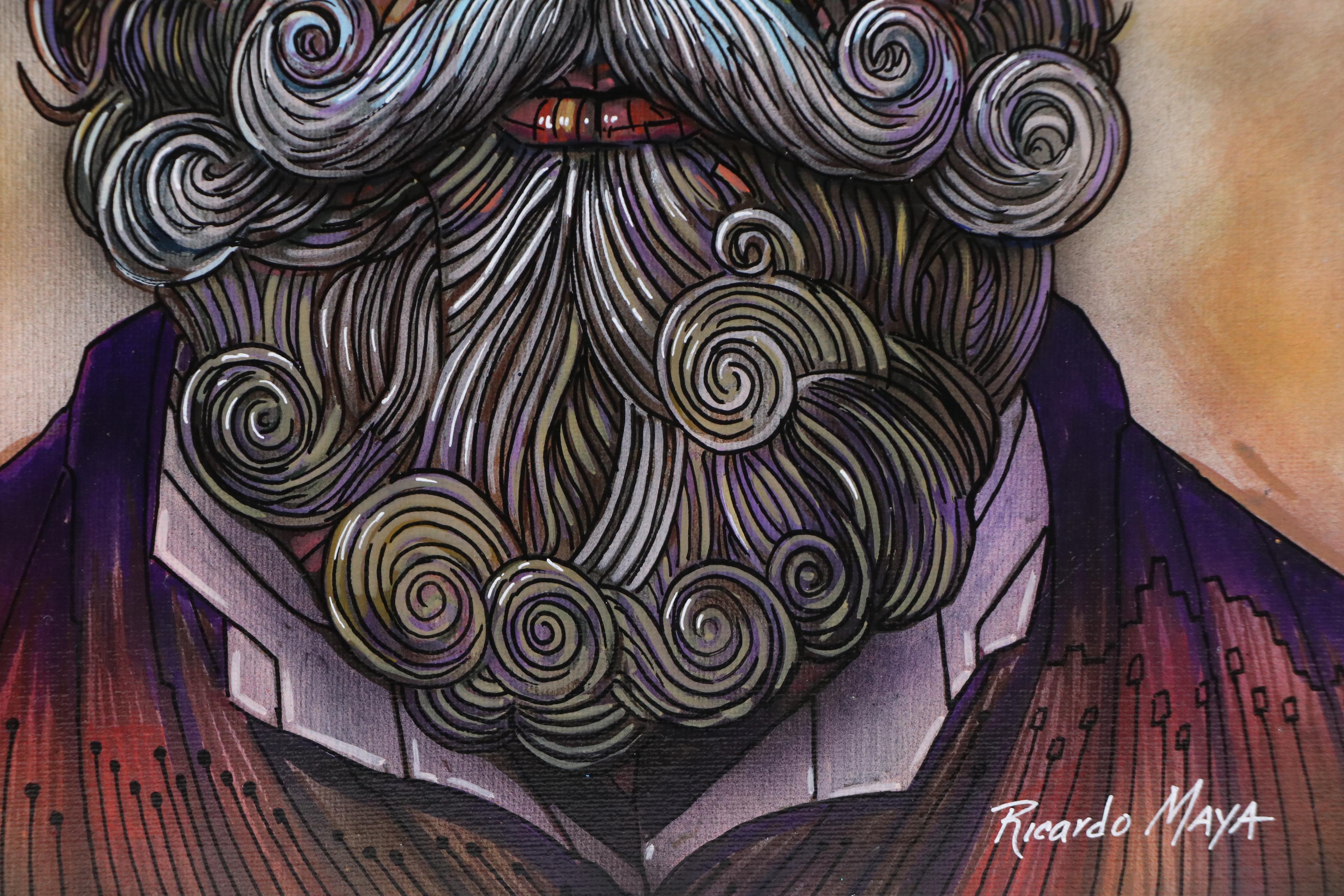 Ricardo Maya Stylized Acrylic Portrait of Bearded Man, 21st Century