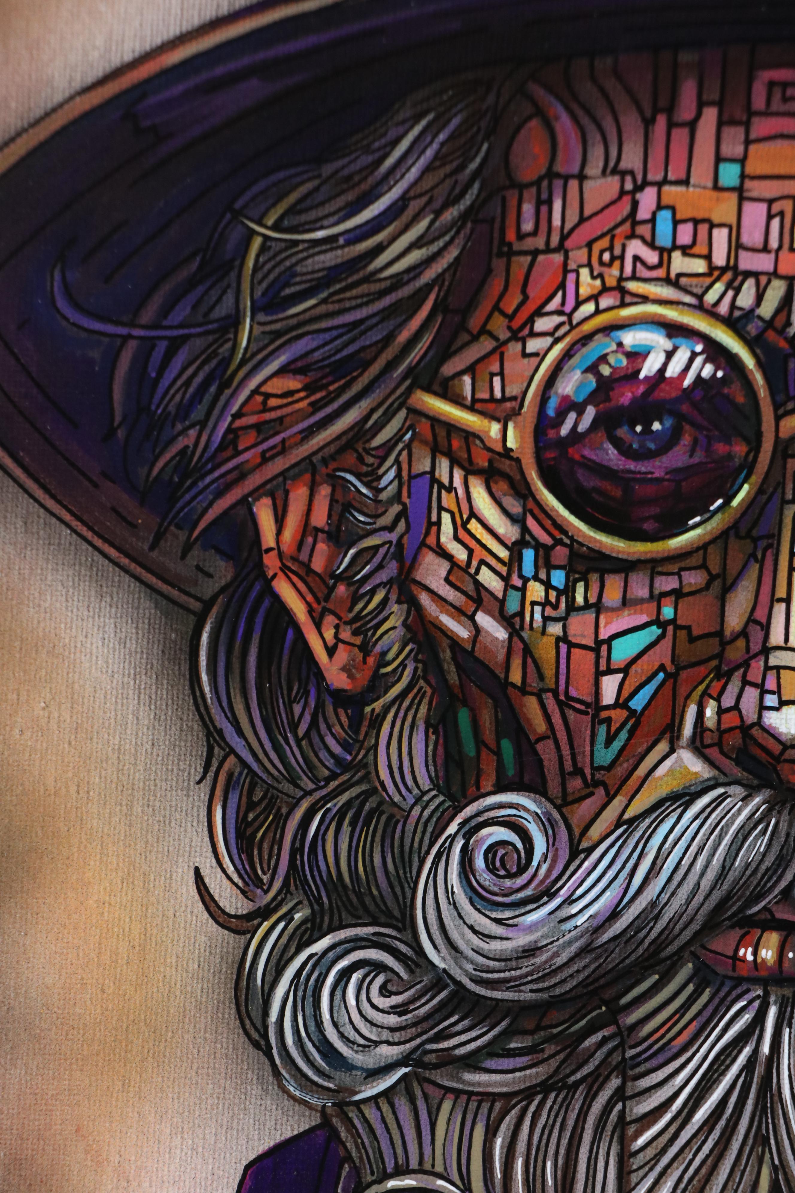 Ricardo Maya Stylized Acrylic Portrait of Bearded Man, 21st Century