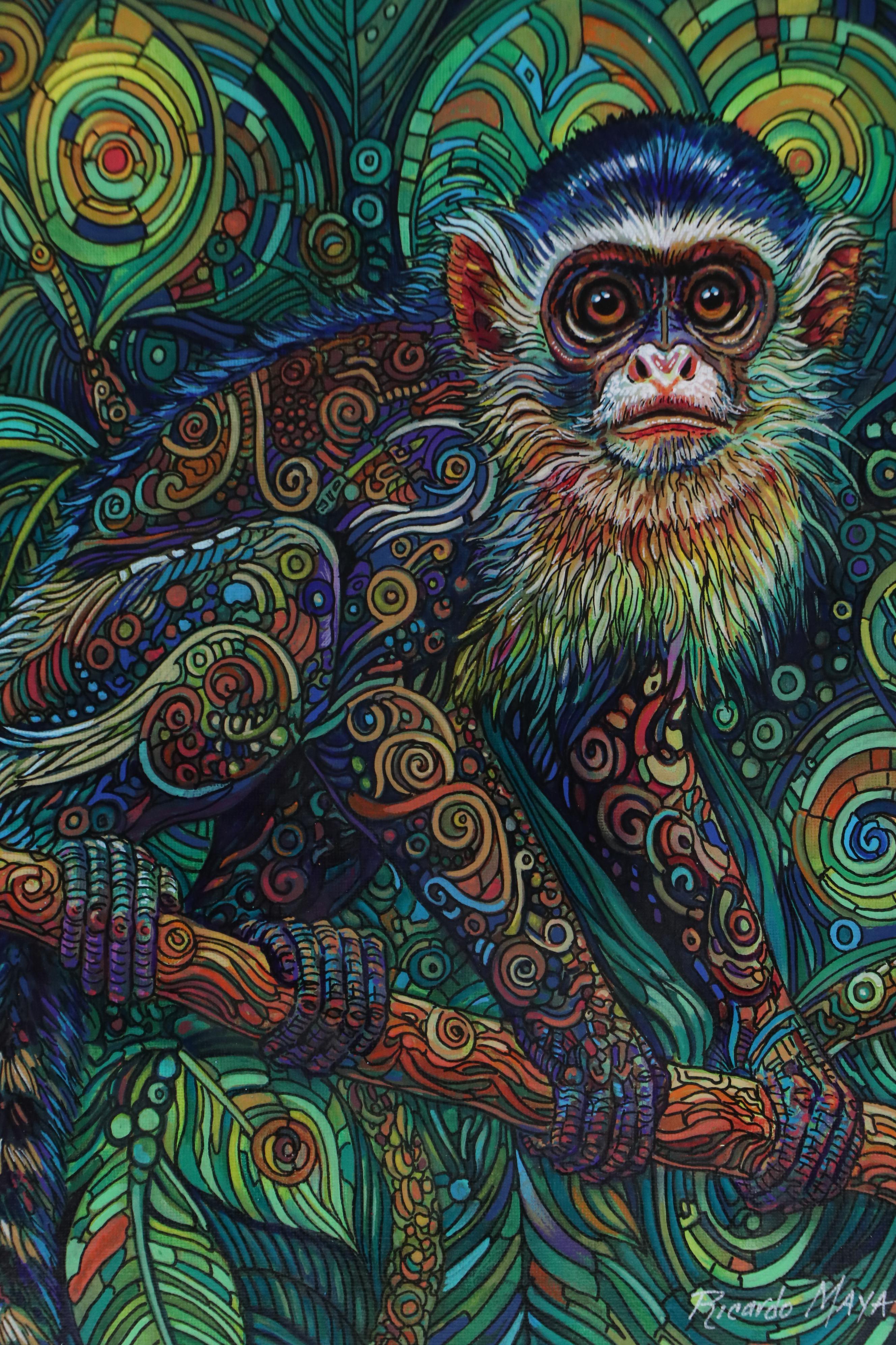 Ricardo Maya Stylized Acrylic Painting of Monkey, 21st Century