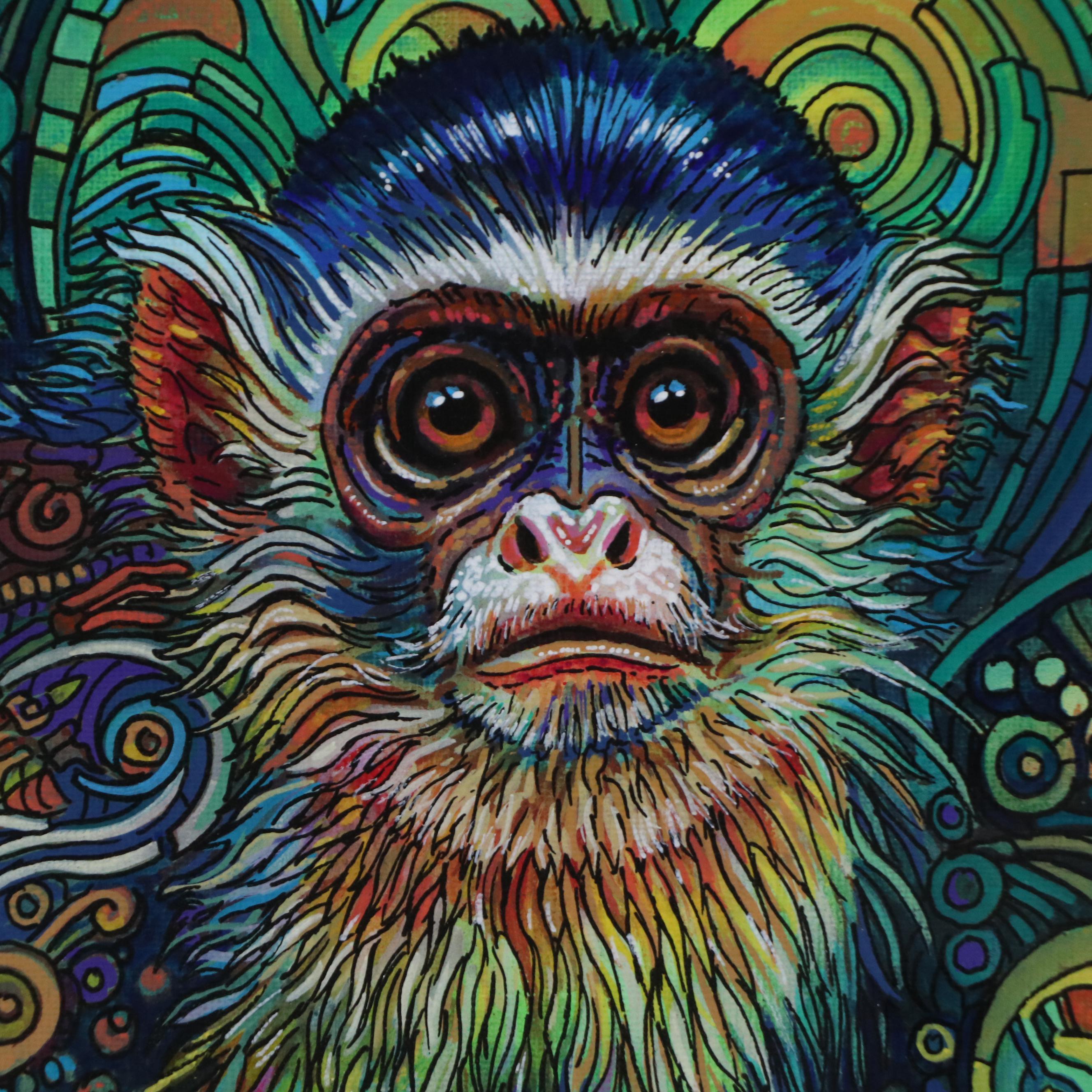 Ricardo Maya Stylized Acrylic Painting of Monkey, 21st Century