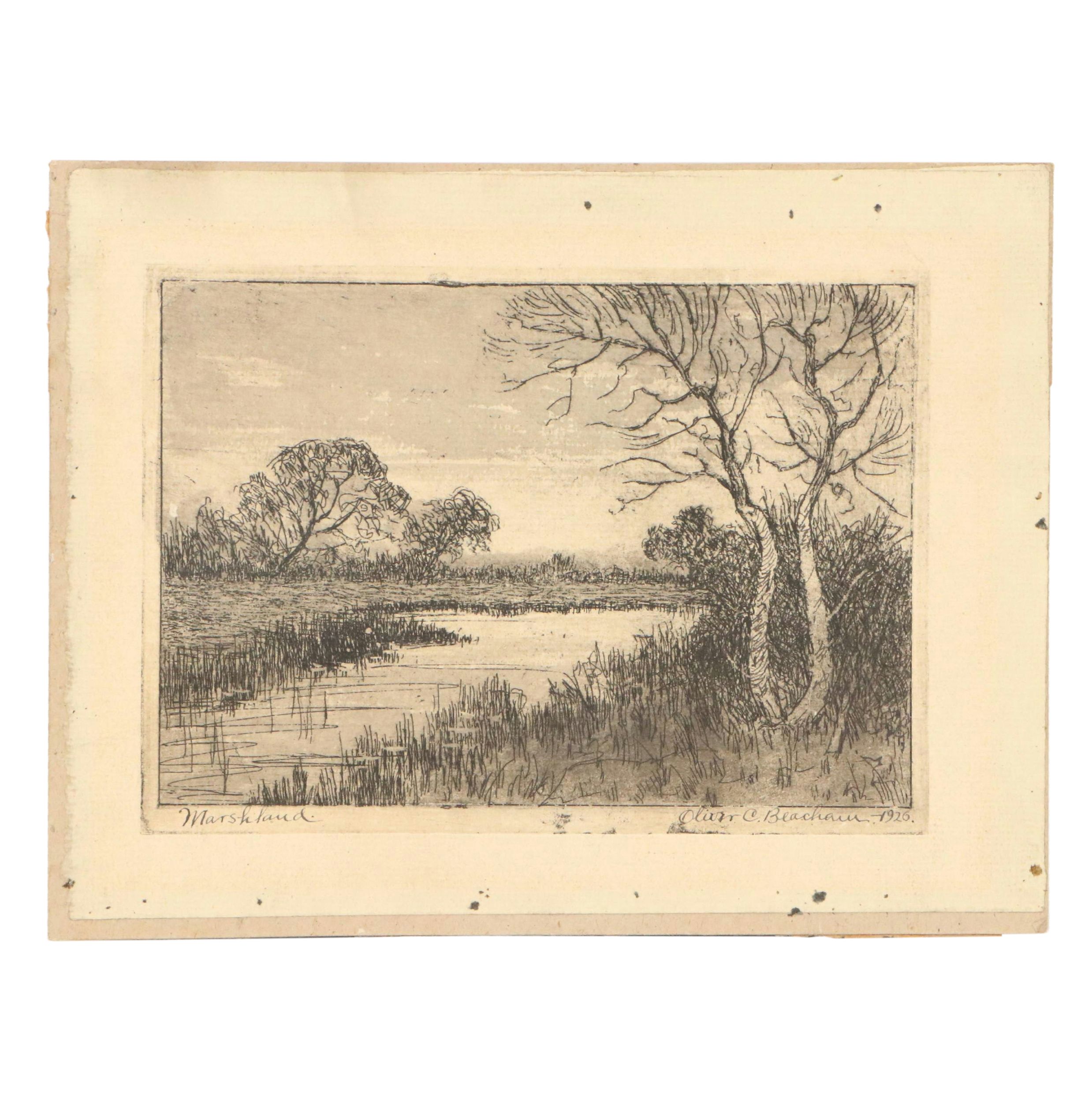 Oliver C. Beacham Etching "Marshland," 1920