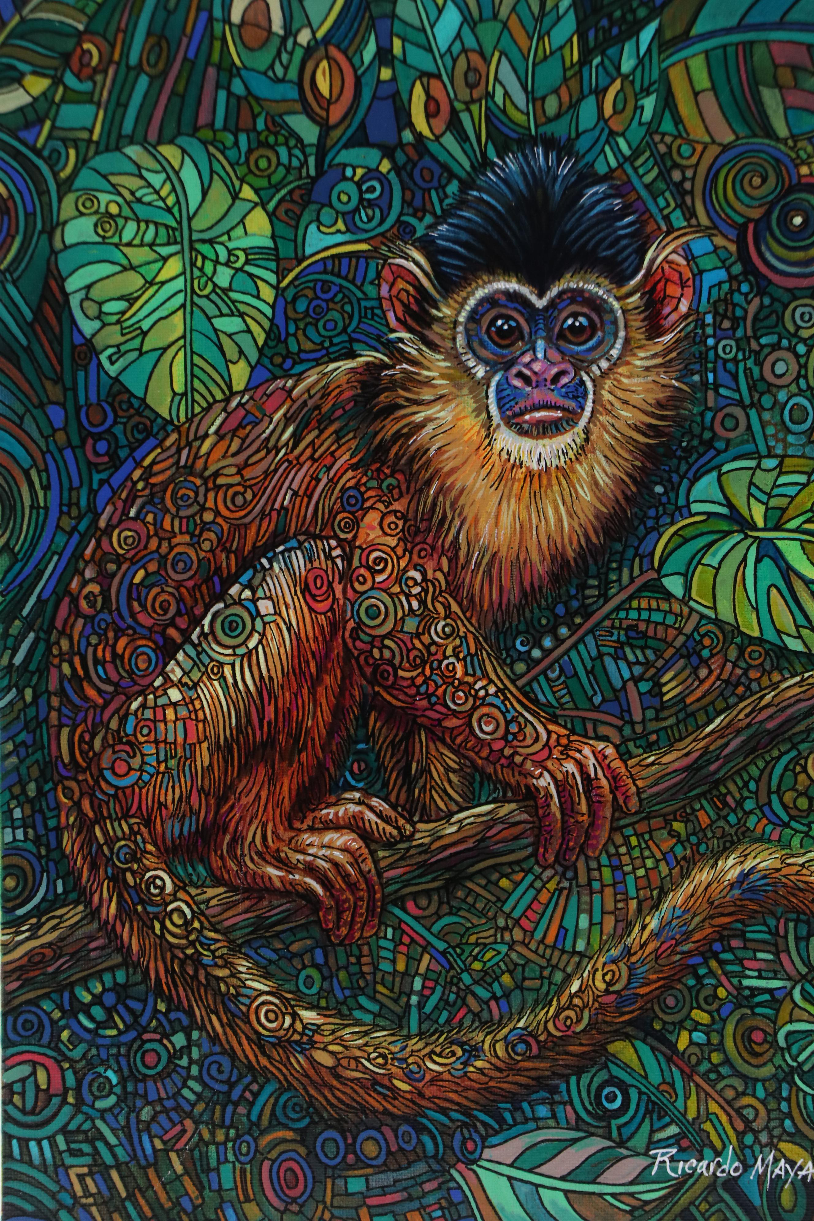 Ricardo Maya Stylized Acrylic Painting of Monkey, 21st Century