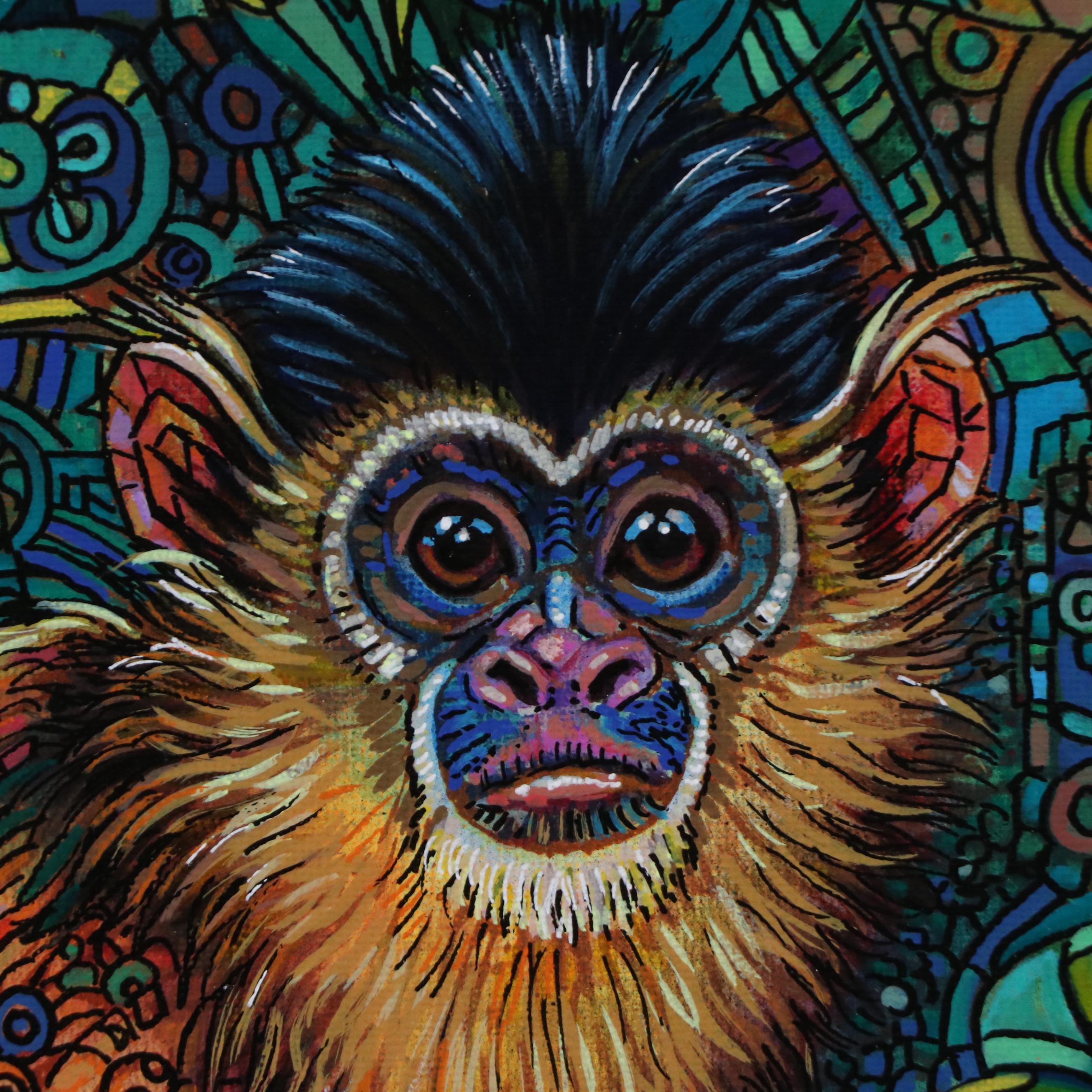 Ricardo Maya Stylized Acrylic Painting of Monkey, 21st Century