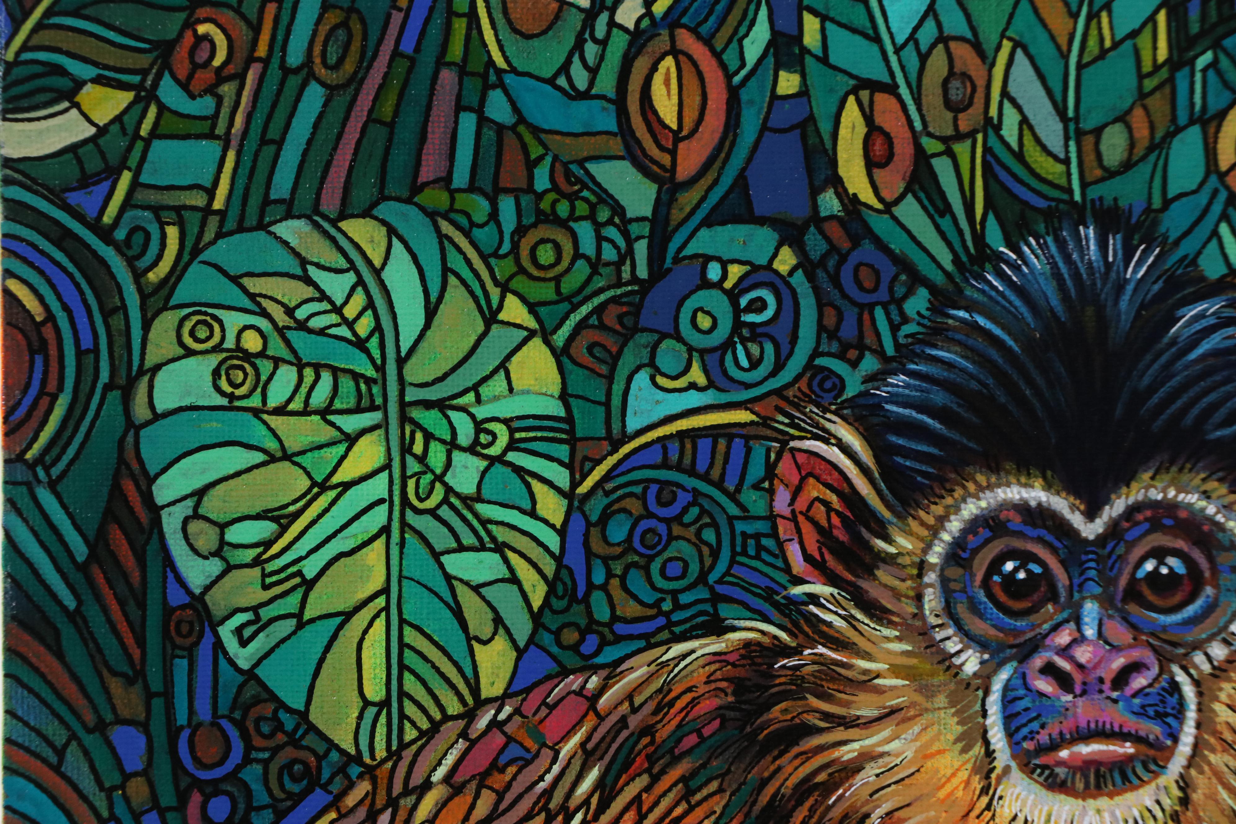 Ricardo Maya Stylized Acrylic Painting of Monkey, 21st Century
