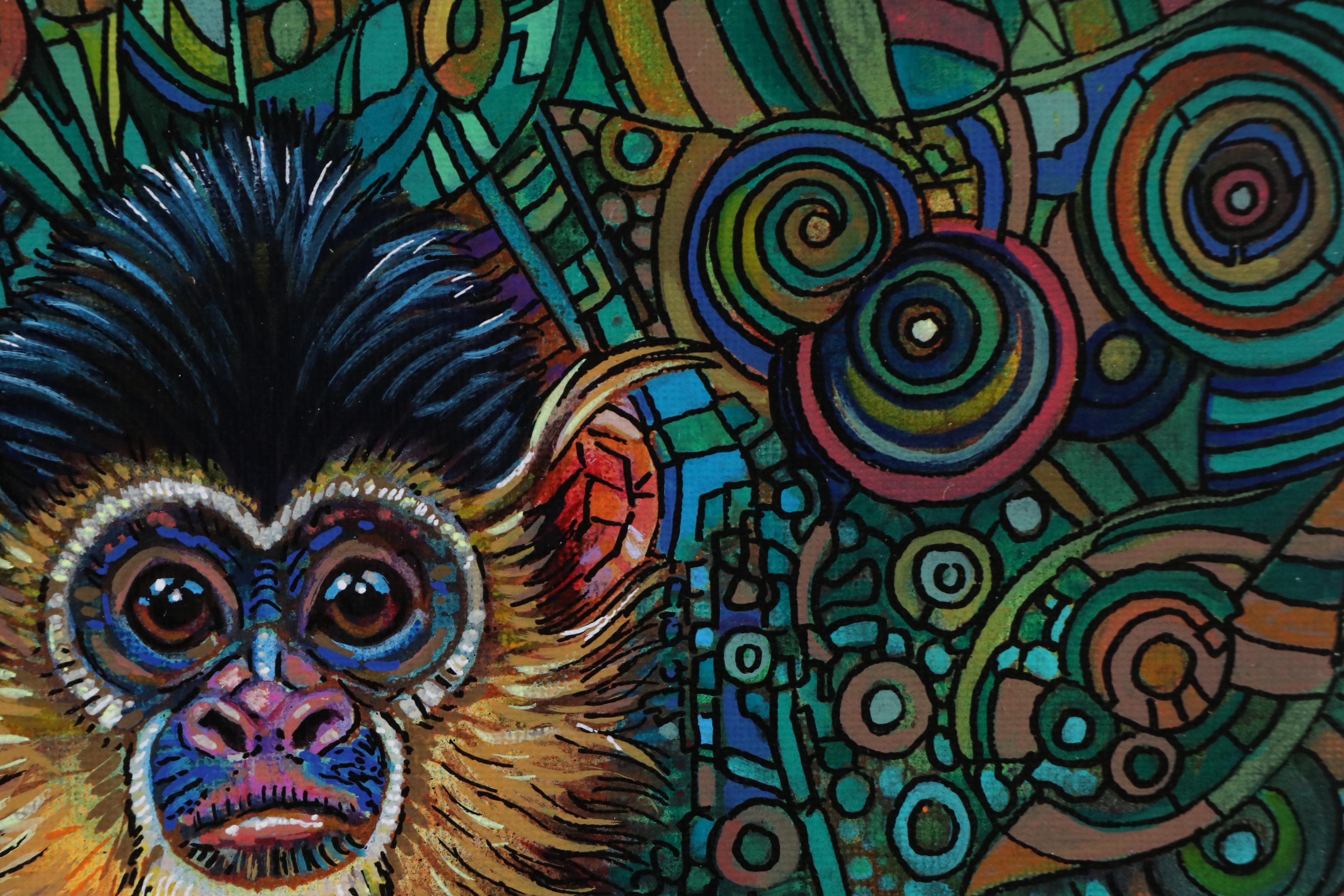 Ricardo Maya Stylized Acrylic Painting of Monkey, 21st Century