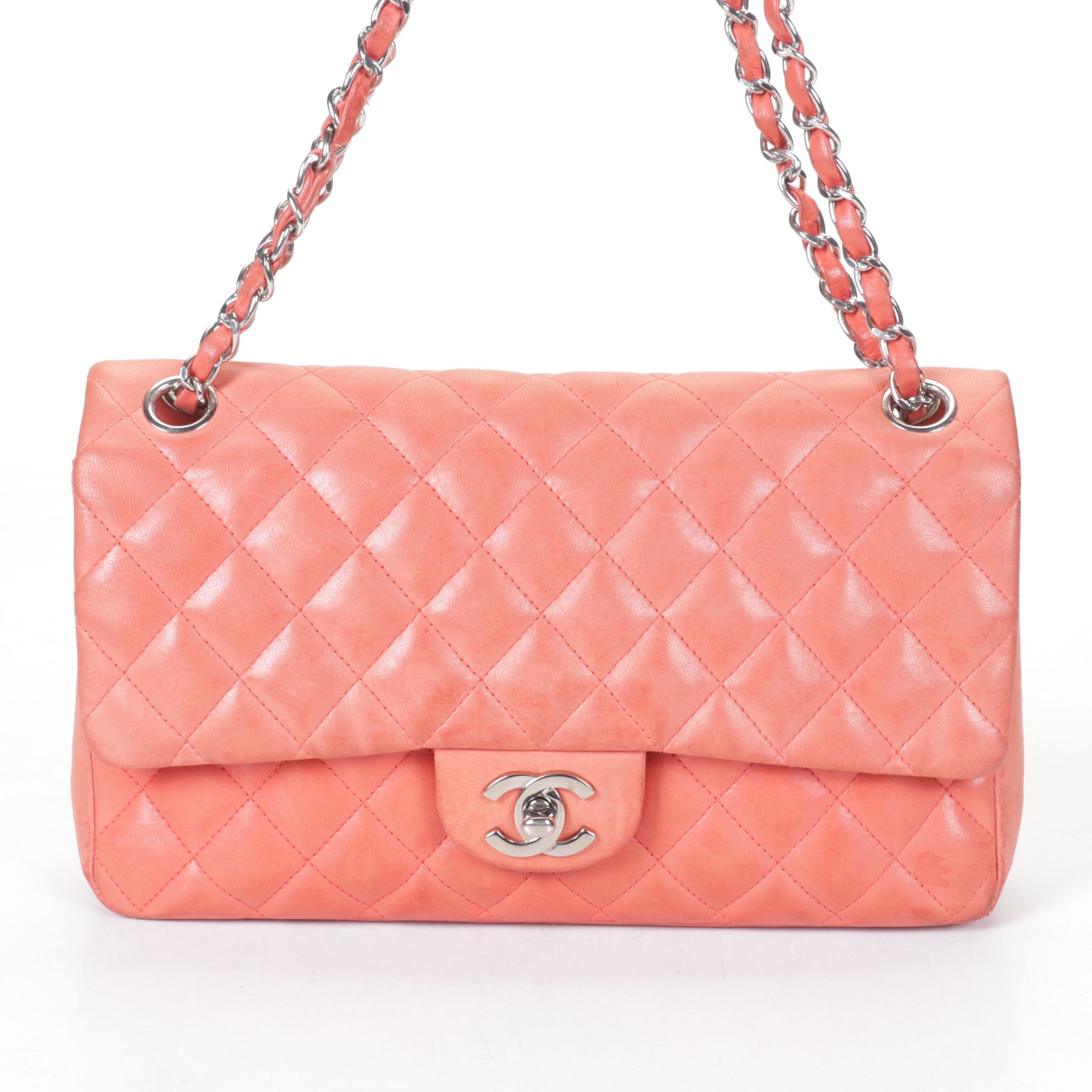 Chanel Classic Double Flap Bag in Quilted Coral Orange Lambskin Leather