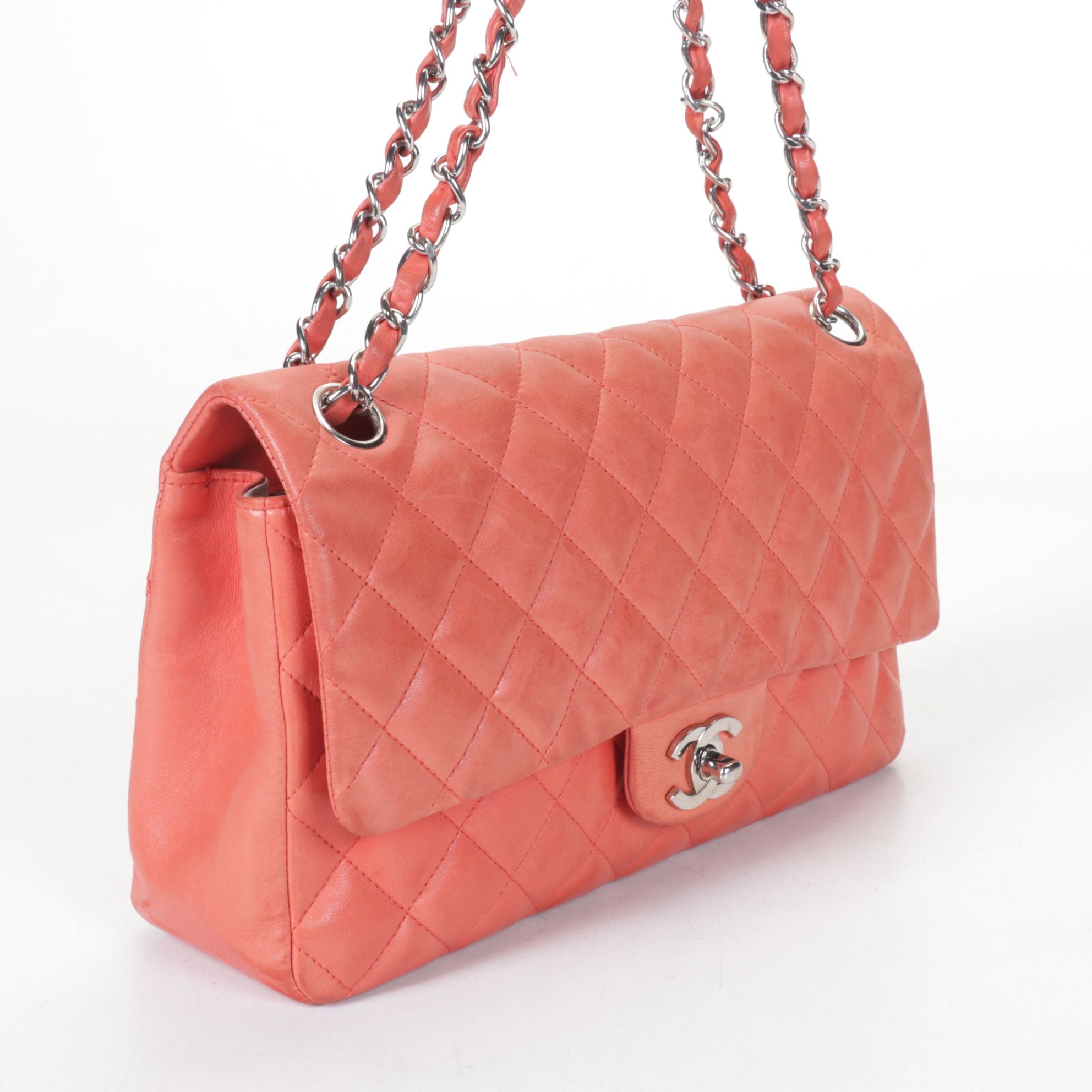Chanel Classic Double Flap Bag in Quilted Coral Orange Lambskin Leather