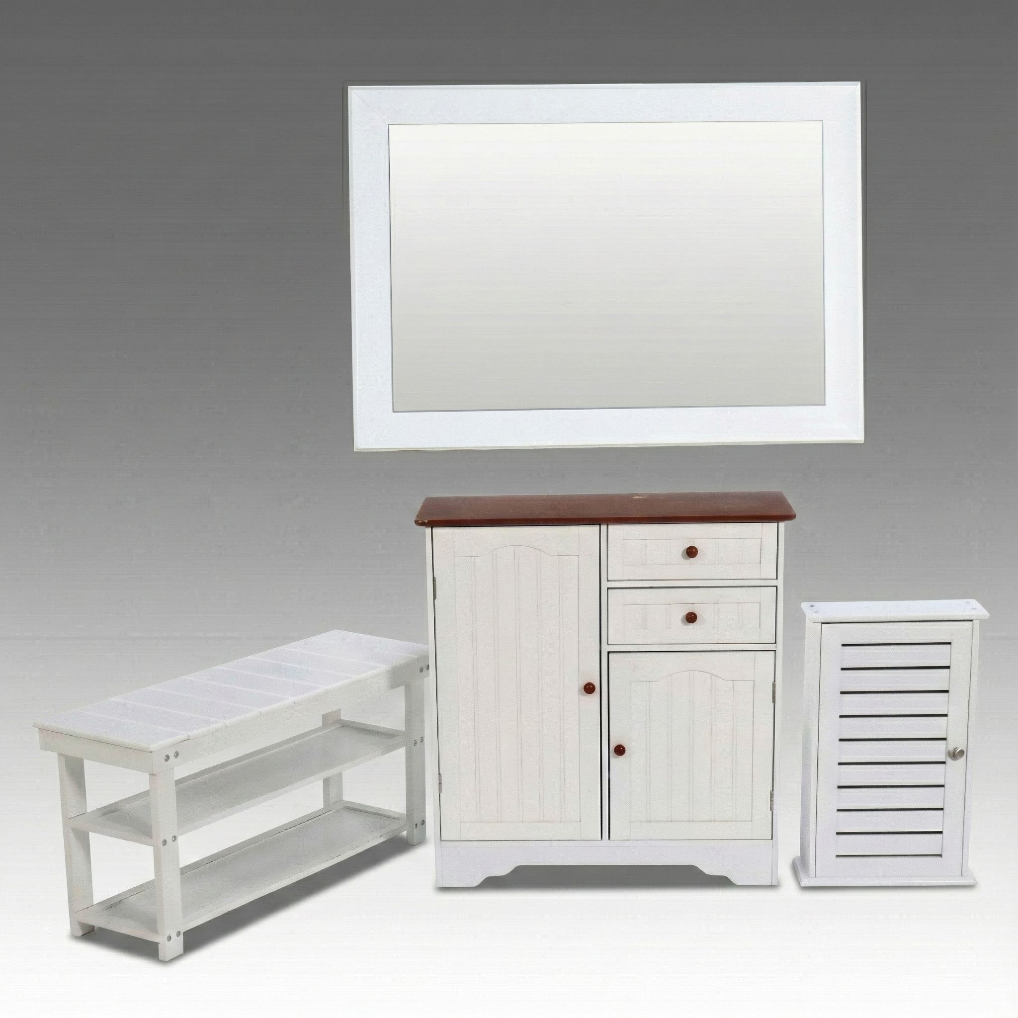 King's Brand Shaker Style Cabinet with Coordinating Bench and Wall Mirror