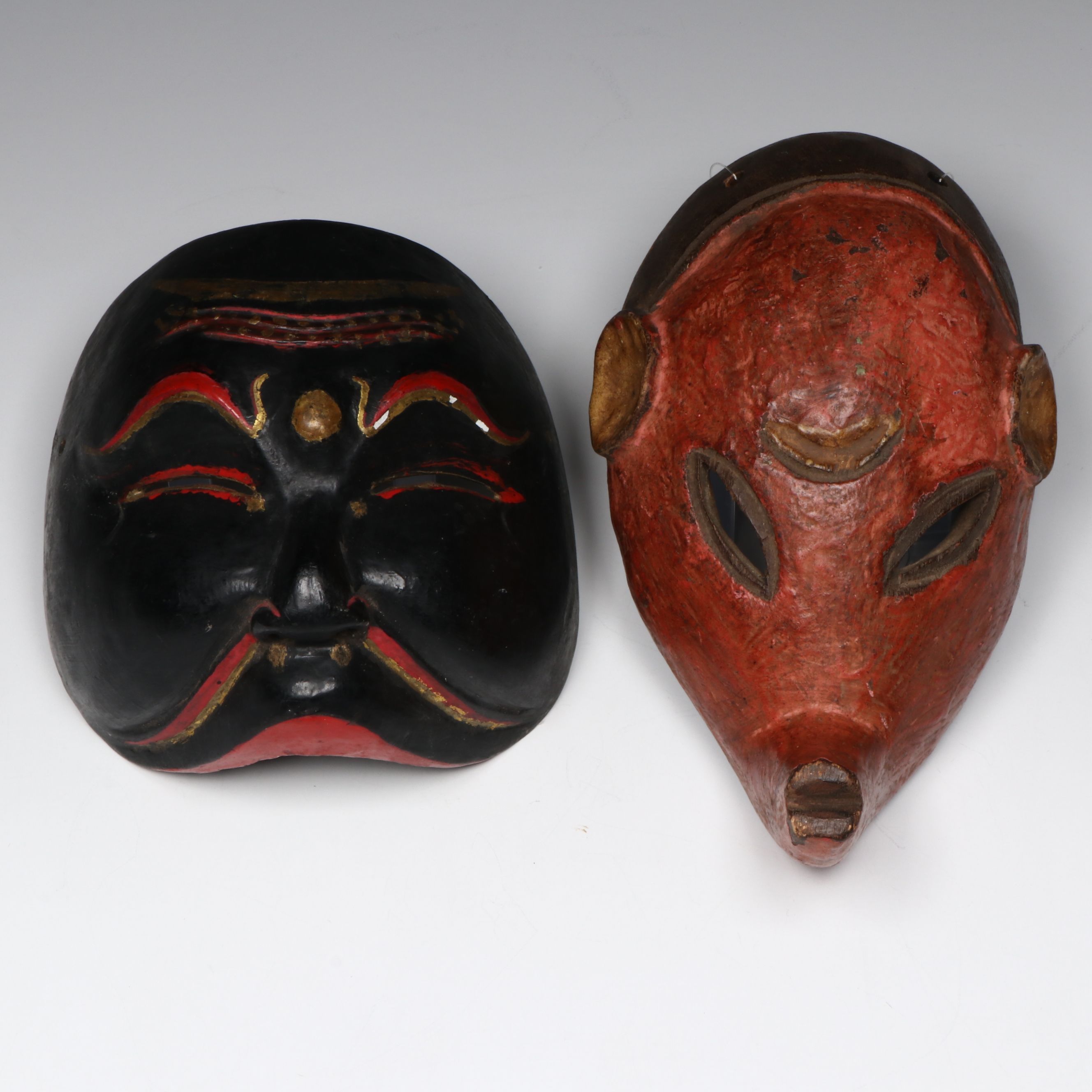 Vintage Chokwe Painted Pig Mask and Indonesian Wayang-Topeng Half Mask